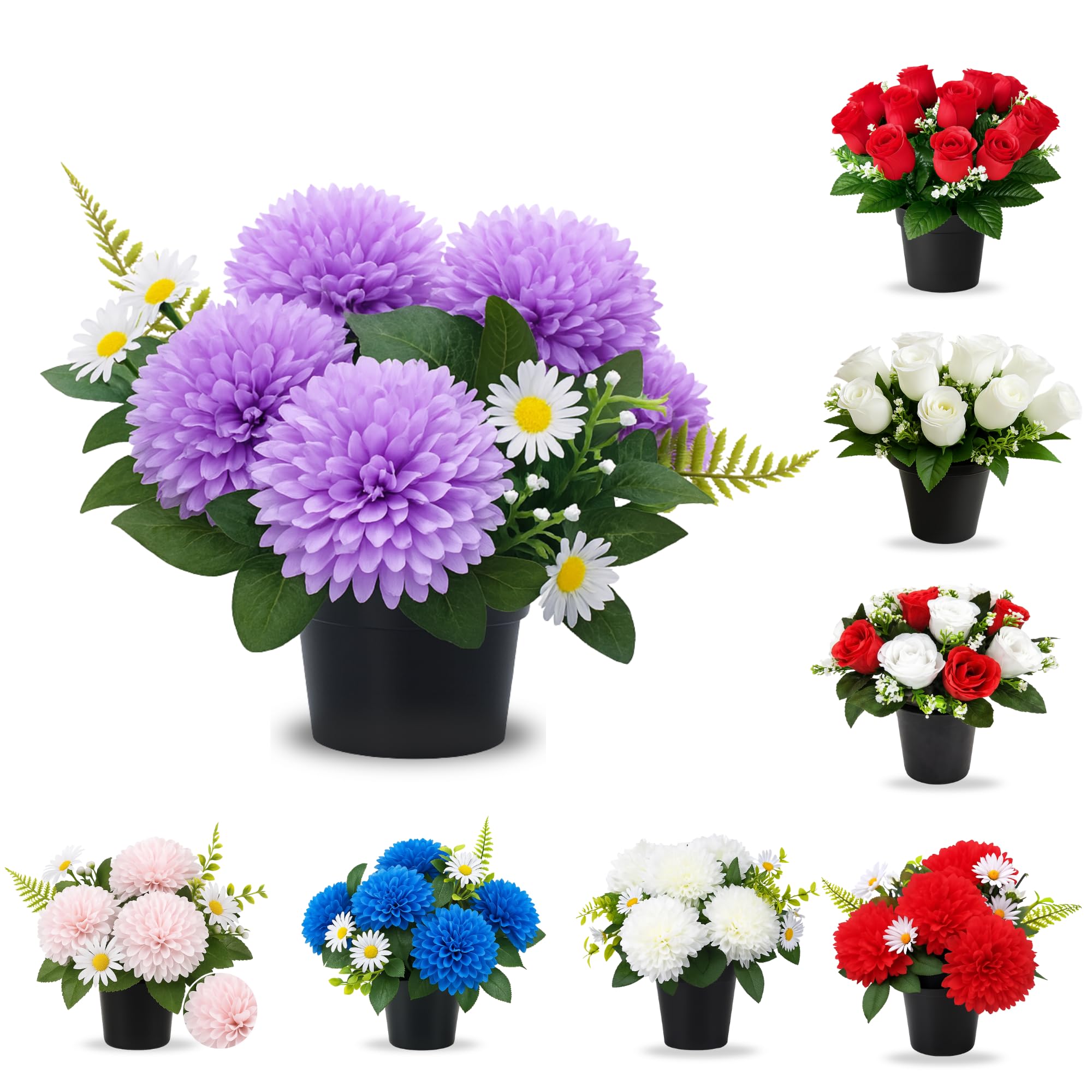 Artificial Grave Flowers in Pot – 12 Daisies Heads | Weatherproof Memorial Decoration | Realistic Cemetery Flower Arrangement for Outdoor Use | 25cm High | Long-Lasting Tribute Display (Purple)