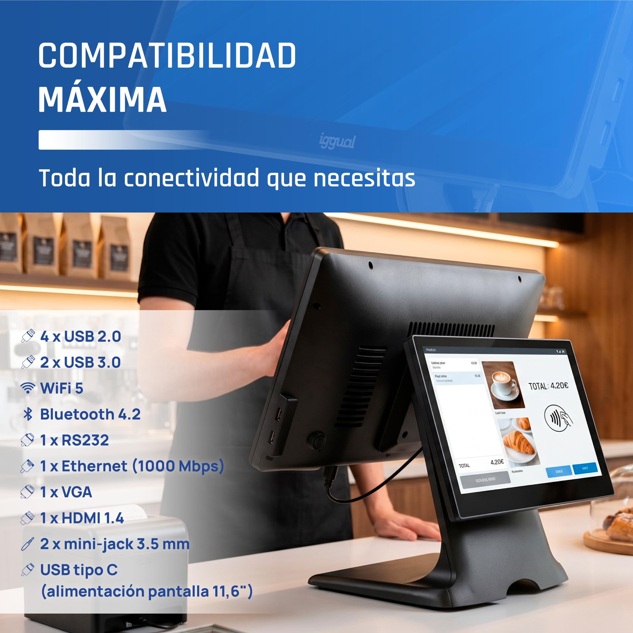 iggual TPV Dual Táctil 15,6”/11,6"- Sistema Caja Registradora Completo con Doble Pantalla - Windows 11 Pro -WiFi 5-Ethernet, Bluetooth 5.1- Procesador Intel® N100 3,4 GHz Apto Verifactu.