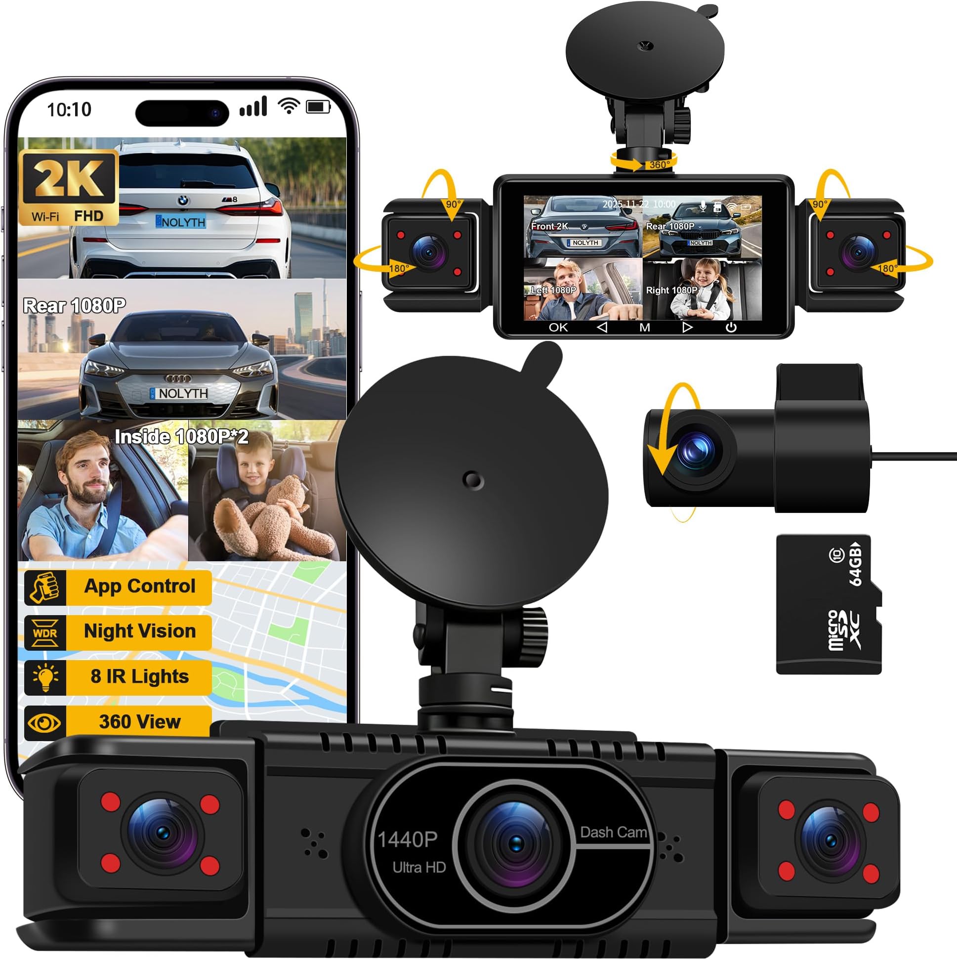 NOLYTH Dash Cam Front and Rear 4-Channel: Front 2K + Rear Left Right 1080P Dashcam with 5G WiFi APP Control 64GB Card Night Vision 360 View 8 IR Lamps Interior Car Camera for Baby/New Drivers