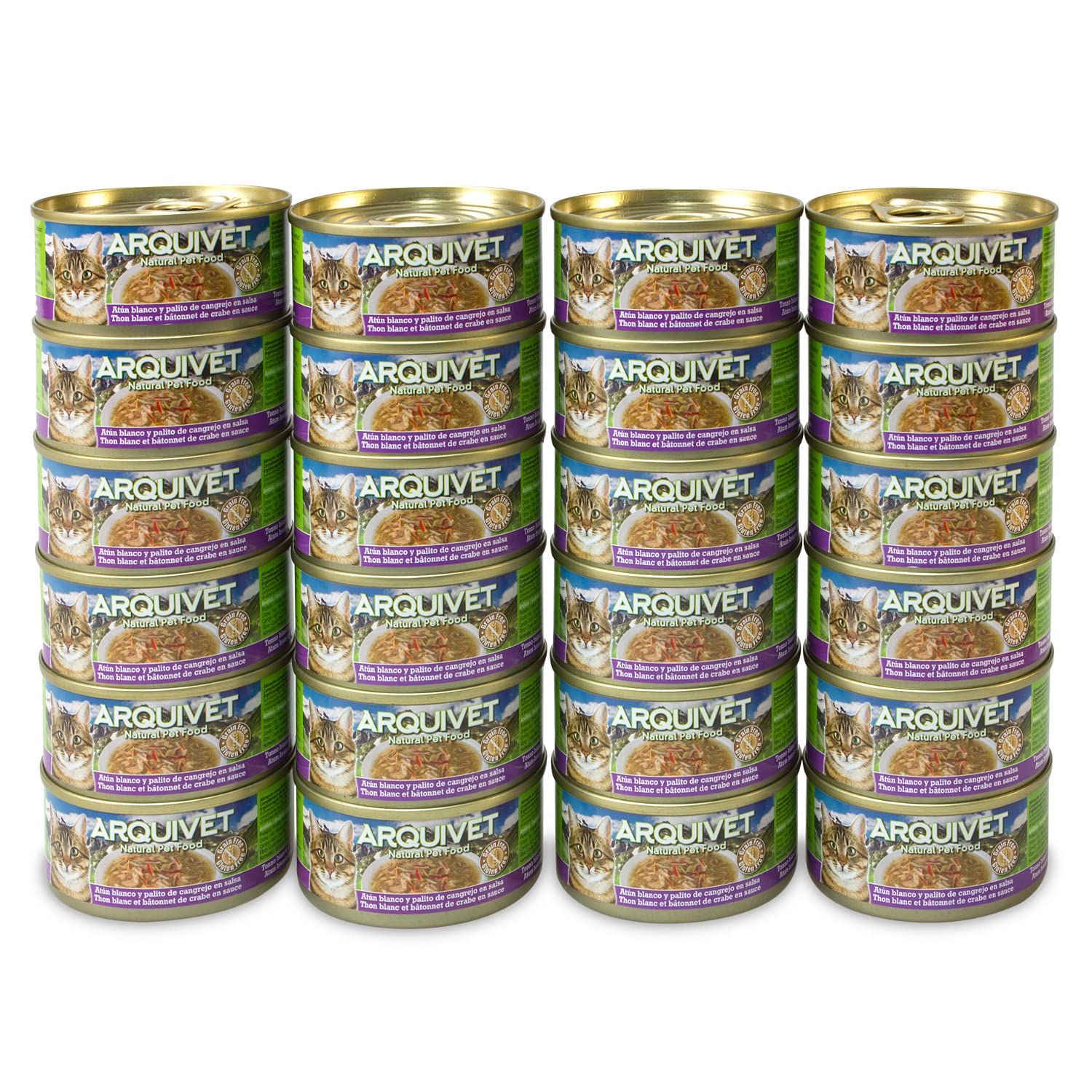 ARQUIVET Pack 24 unités. Thon blanc et bâtonnet de crabe en sauce - Aliments gastronomiques à base d'ingrédients 100% naturels - Emballer 24 unités - 80 gr par unité - Aliments humides pour les chats