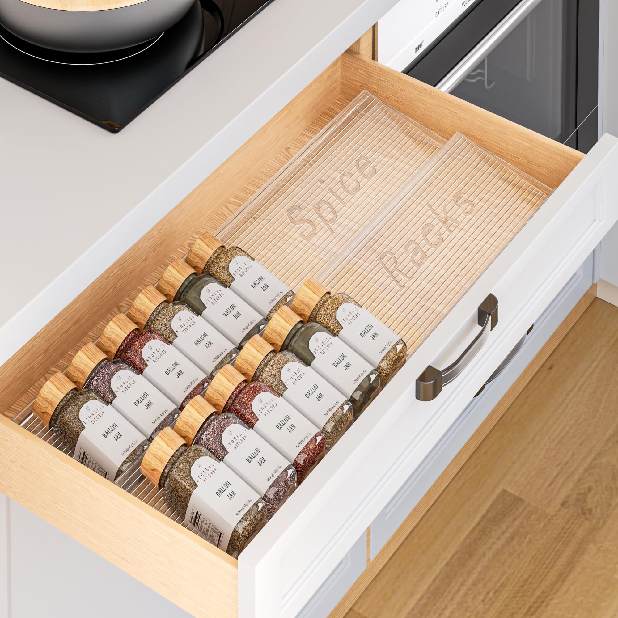 Spice Drawer Organizer, 2 Tier- 2 Pack Clear Acrylic Drawer Seasoning Organizer, Expandable From 11'' to 22'' Kitchen Spice Rack Organizers and Storage for Drawer (Jars not included)