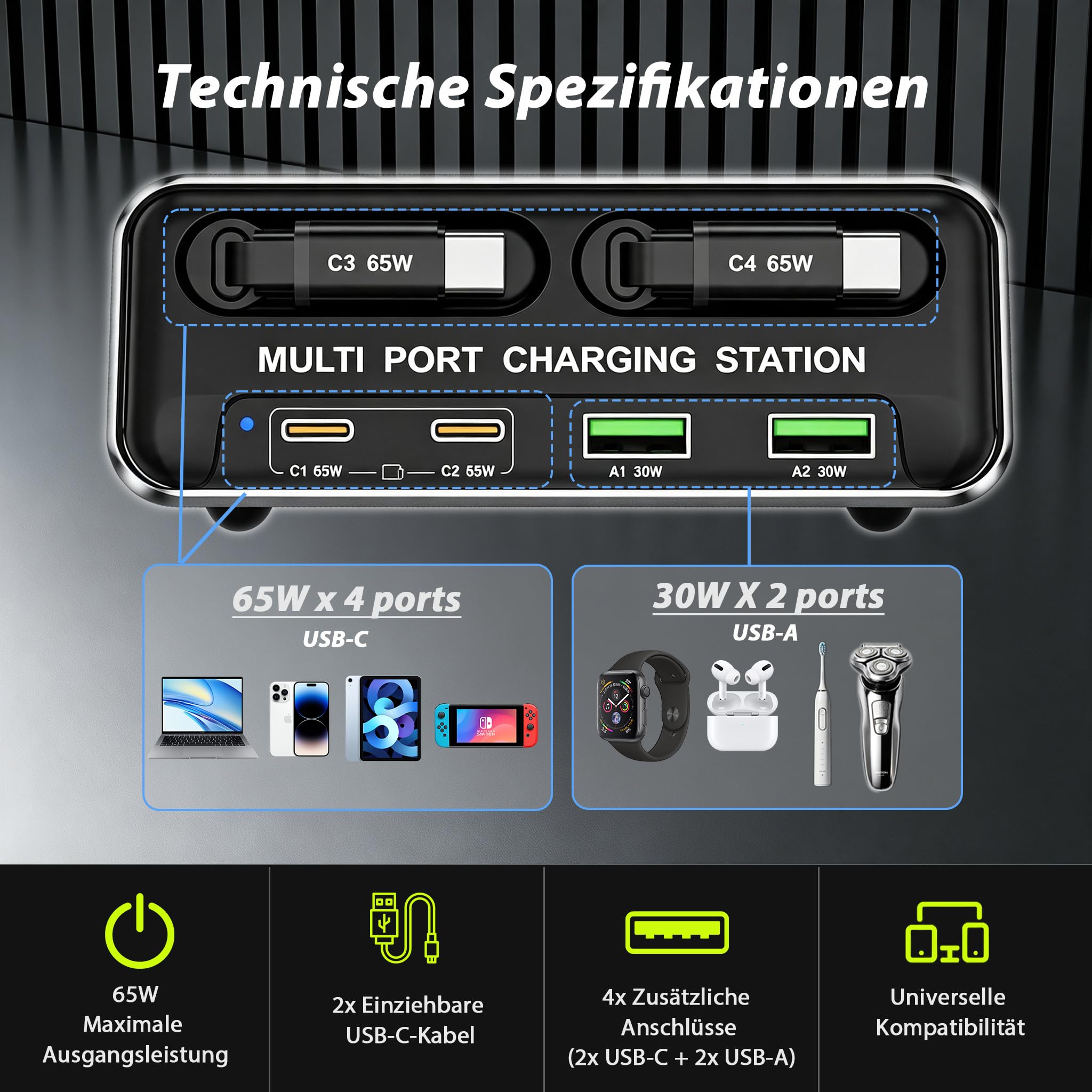6 in 1 GaN Ladestation Mehrere Geräte, 65W USB C Schnellladegerät mit 2 Einziehbaren Kabeln, Klein Ladestation Kompatibel für MacBook/iPad/Phone 17/16/Samsung/, Silent Design mit rutschfest
