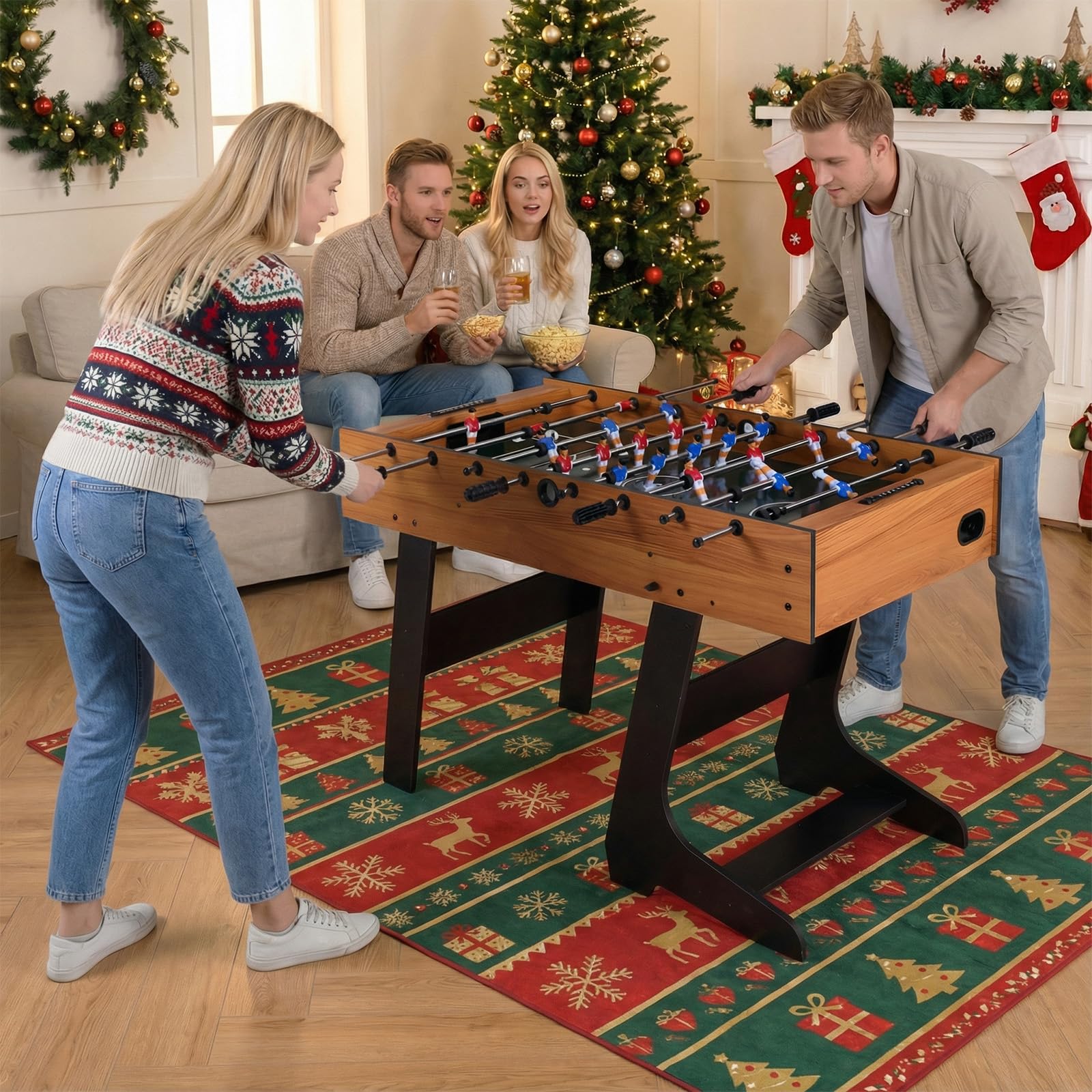 FANTASK Babyfoot Pliable en Bois avec 2 balles, 2 compteurs de Points et 22 Figurines, Table de Baby-Foot pour 2 à 4 Joueurs, Ballon de Baby-Foot Peu encombrant, Table de Jeu pour Enfants et Adultes