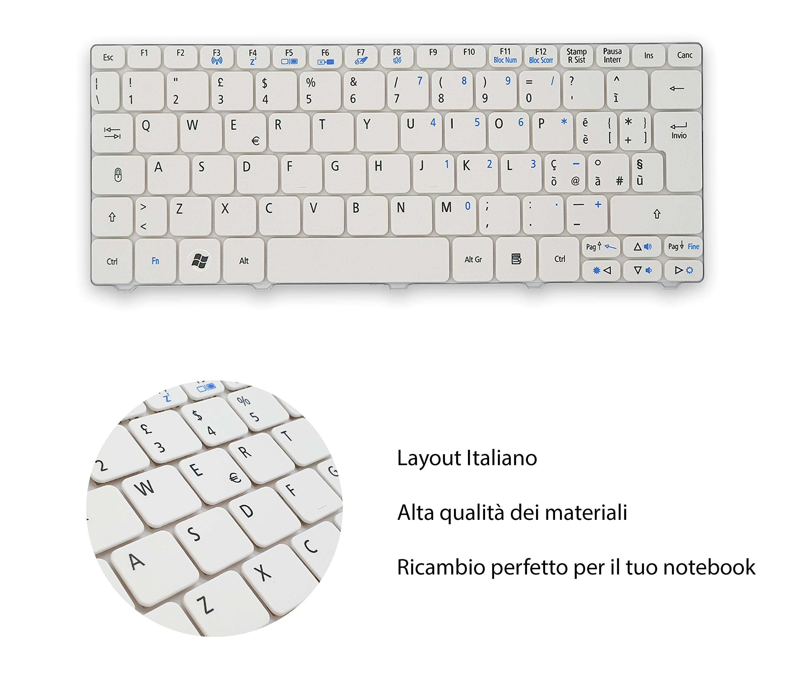 New Net Tastiera Italiana Per Notebook Acer - Compatibile Con Aspire One, D257, AO521, EMachines 350 - Layout QWERTY, 246x97mm - 3