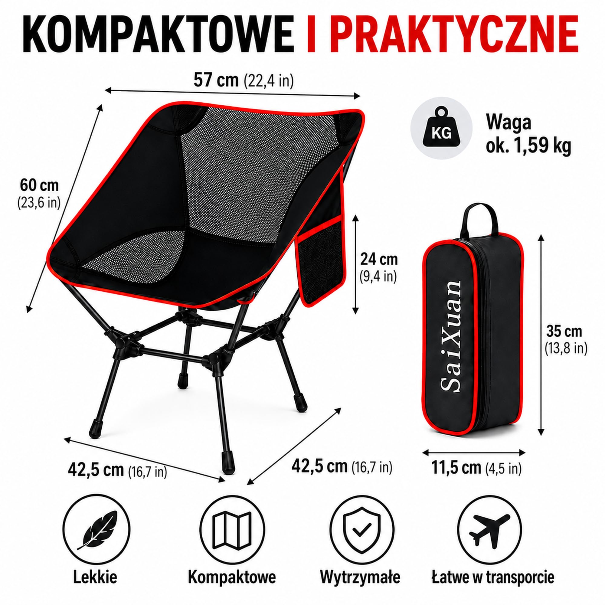 Składane Krzesło Kempingowe Przenośne do 120 kg, Moon Chair z Tkaniny 900D z Kieszenią Boczną i Torbą, na Plażę Wędkowanie Piknik Ogród Camping