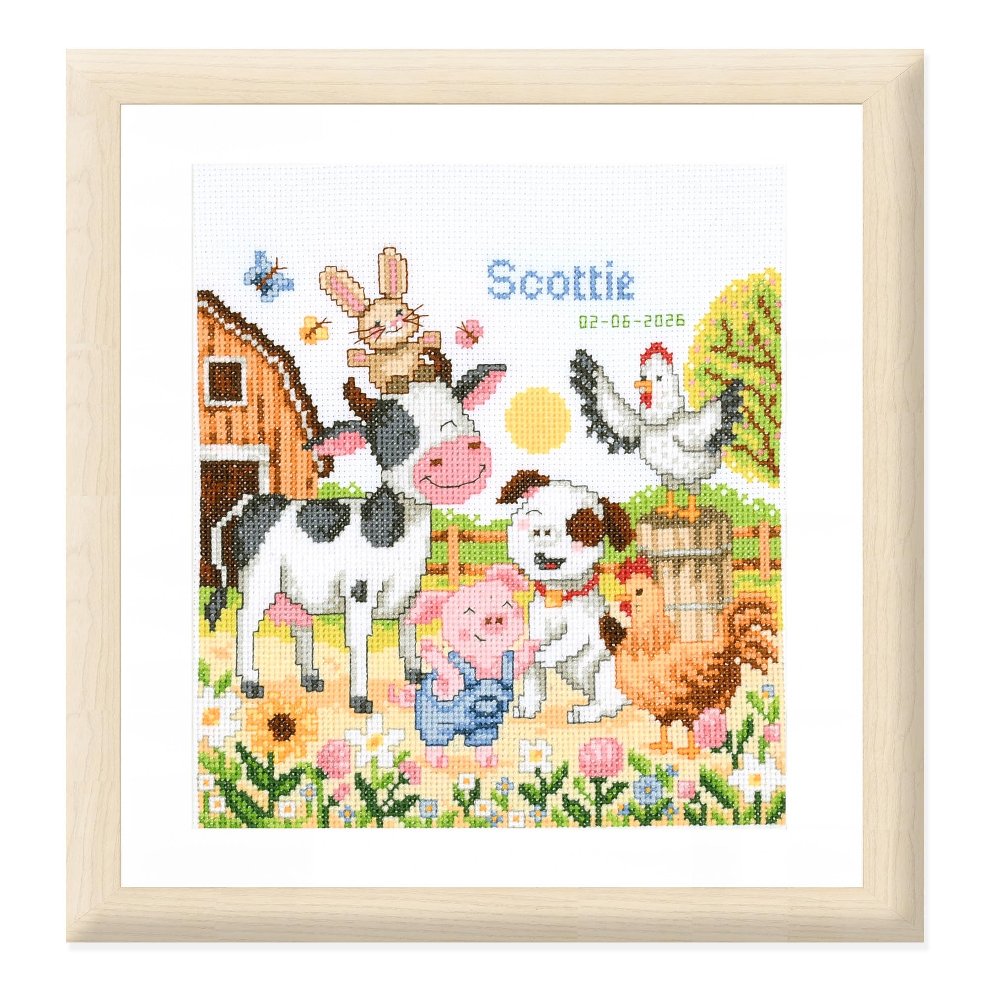 VERVACO Cross Stitch Embroidery Kit Birth Baby Farm Animals Needlework Kit for Wall Decoration 20 x 20cm Embroidery with Counted Pattern DIY Kit Baby Room Decoration Gift Crafts for Adults