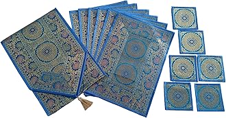 Colovila Dining Table Placemats Set of 13 Pieces, Ethnic Brocade Silk with Golden Woven Work- (1 Table Runner, 6 Mats, 6 Coasters) (Turquoise Blue)