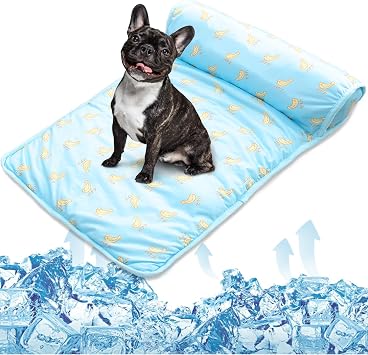 PUMYPOREITY Cooling Dog Bed، Pet Cooling Mat with Pillow، Ice Silk Cooling Dog Blanket، Self Cooling Pad for Cat، Dog، Washable Summer Pet Mat for Kennel، Crates، Sofa، Floor، Blue، L