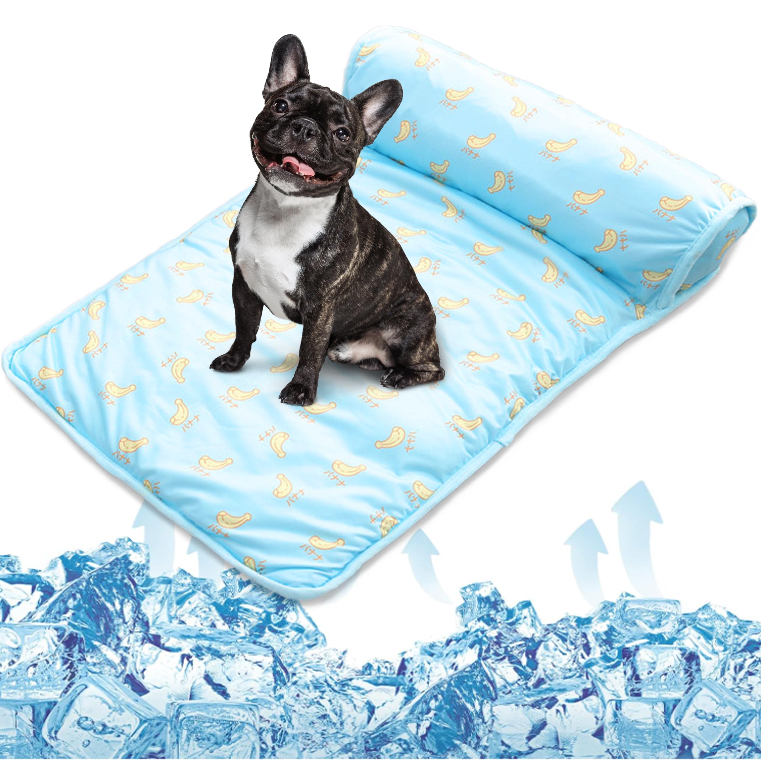 PUMYPOREITY Cooling Dog Bed, Pet Cooling Mat with Pillow, Ice Silk Cooling Dog Blanket, Self Cooling Pad for Cat,Dog, Washable Summer Pet Mat for Kennel, Crates, Sofa, Floor, Blue, S