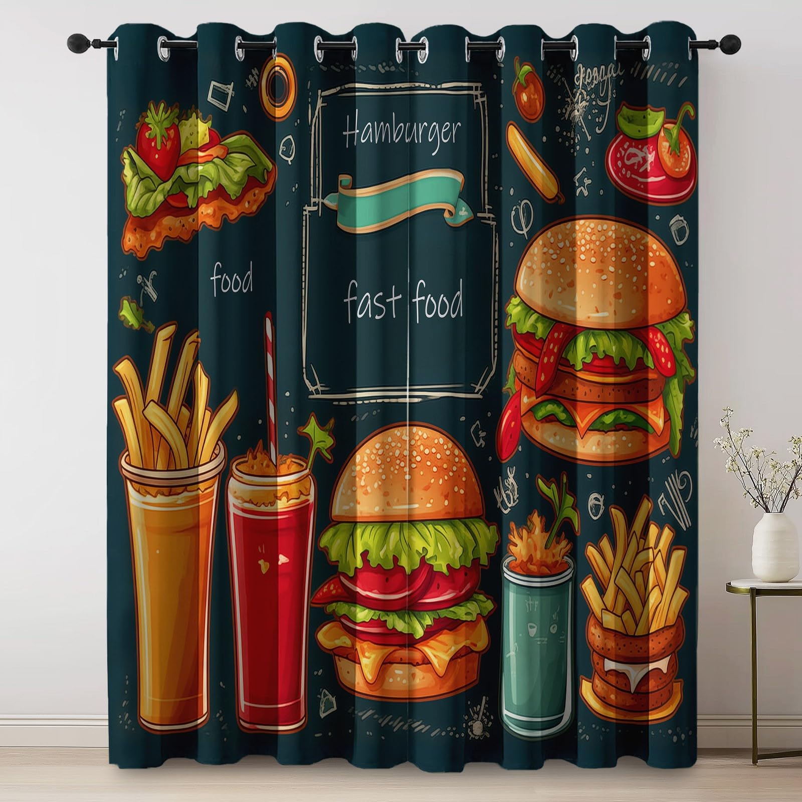 Thermo-Vorhänge H214 x B91.5 cm (2er Set), Bunt Cartoon-Fast-Food-Menü Hamburger, Gardinen für Balkontüren und Arbeitszimmer