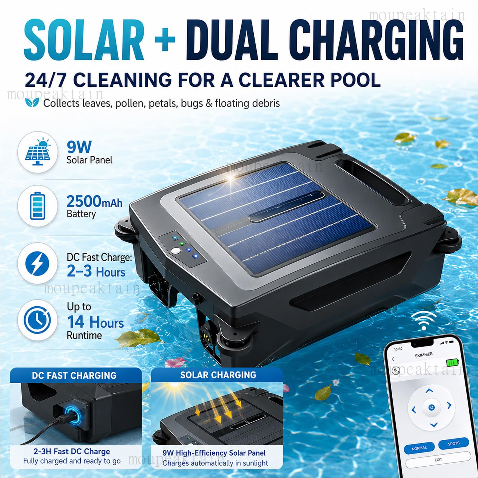 Robot Skimmer Solar para Piscinas, Skimmer Piscina Sin Cable para Hojas E Insectos, Control por App, 2 Modos De Velocidad, Cesta De 4,1L, Detección por Radar, para Piscinas De hasta 80m²