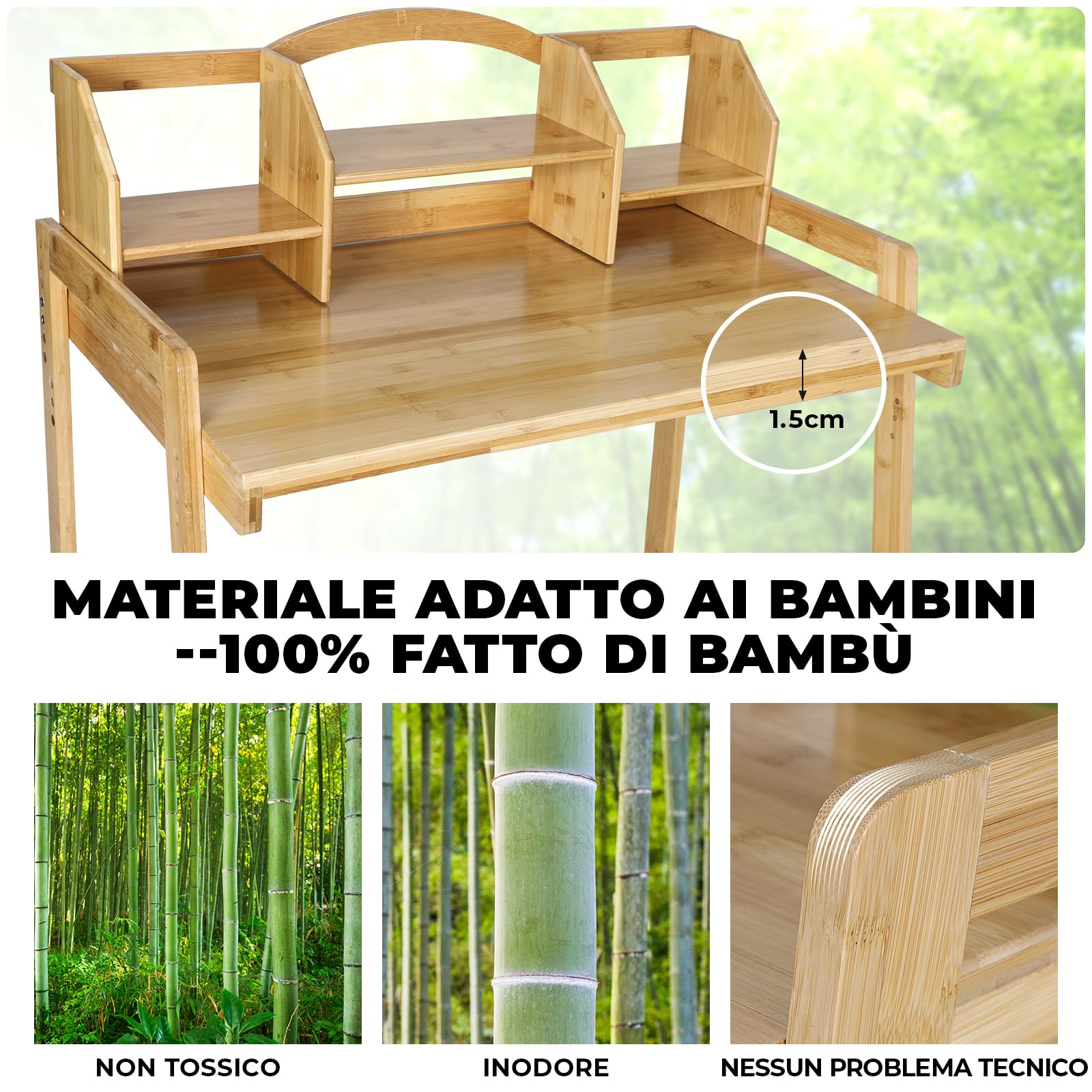 Scrivania per bambino Regolabile in Altezza, con Sedia, in Legno di Bambù, Supporto per Libri, Set da Scrivania, Colore Naturale