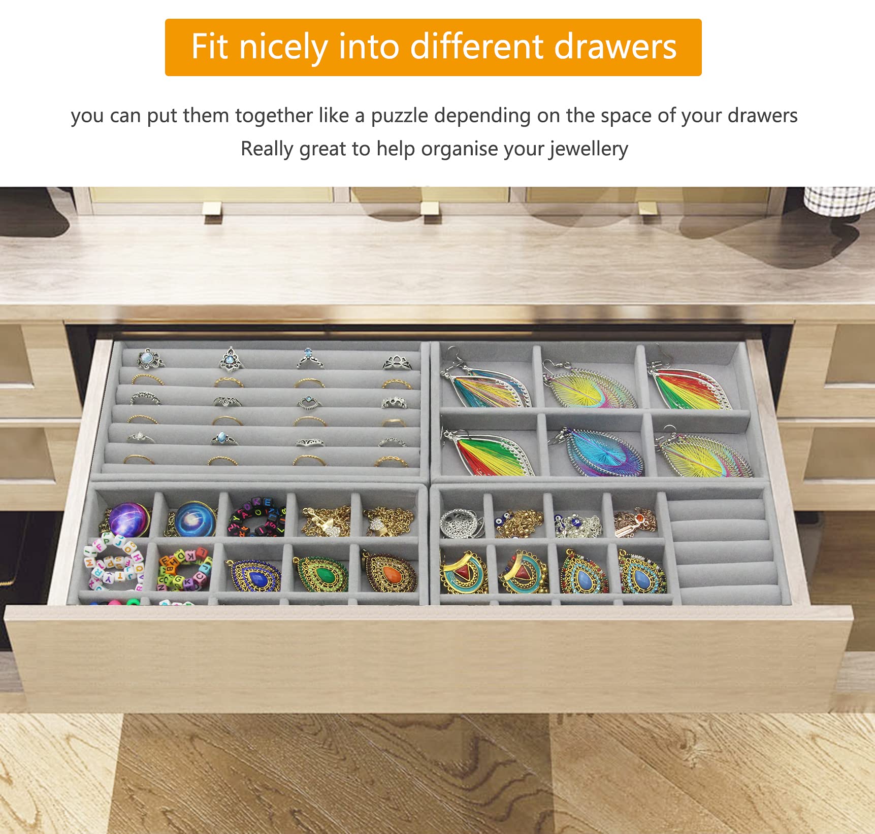 Plateau à Bijoux Empilable, Boîte De Rangement Portable En Velours Organisateur De Tiroir Bijoux Beige