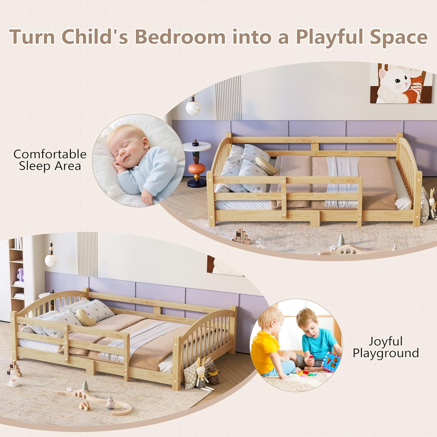 Full Size Toddler Floor Bed with Fence and Without Door, Wooden Montessori Bed Frame with Slats and Safety Guardrails, Simply Sori Bed for Kids, Boys and Girls, Natural