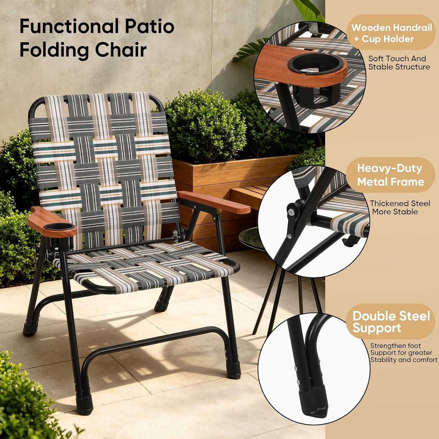Folding Lawn Chair, Portable Camping Chair with Steel Frame, Woven Fabric and Wooden Armrests, Webbed Patio Dinning Chair for Yard Camping Poolside Beach