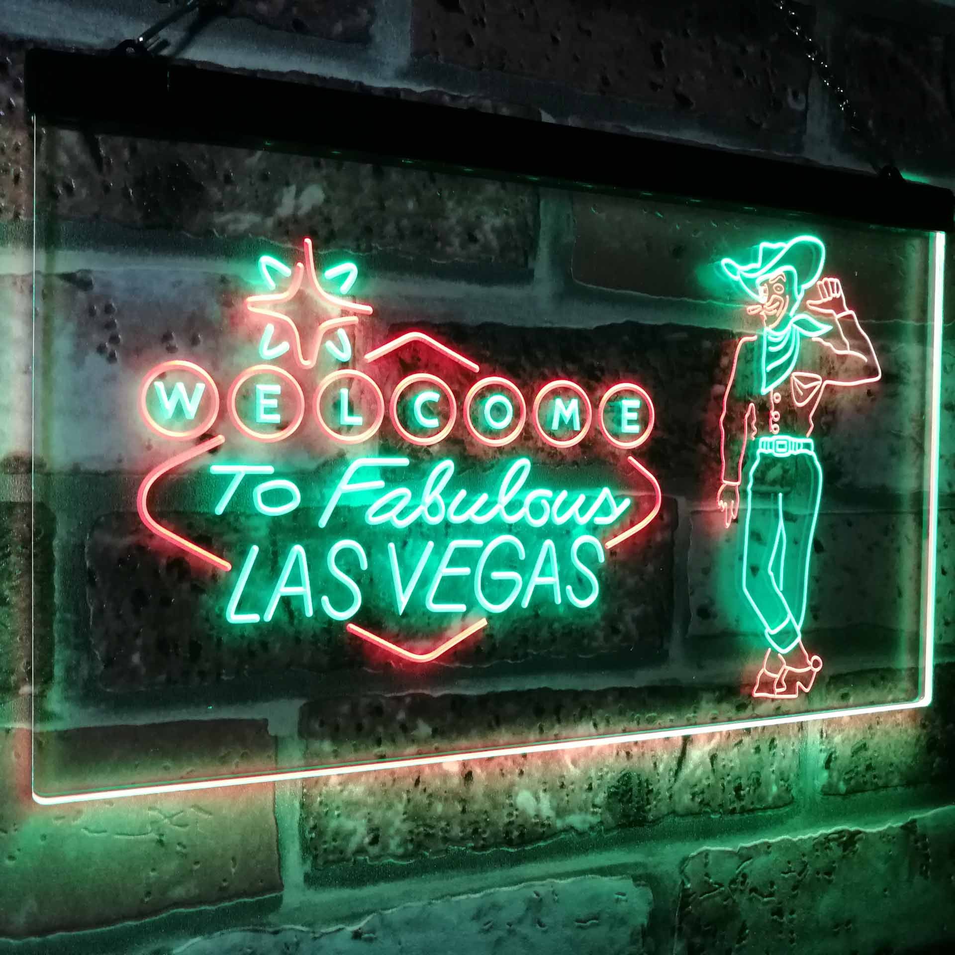 ADVPRO Cowboy Welcome to Las Vegas Beer Bar Pub Display Dual Color LED Enseigne Lumineuse Neon Sign Vert et Rouge 400 x 300mm st6s43-i3005-gr
