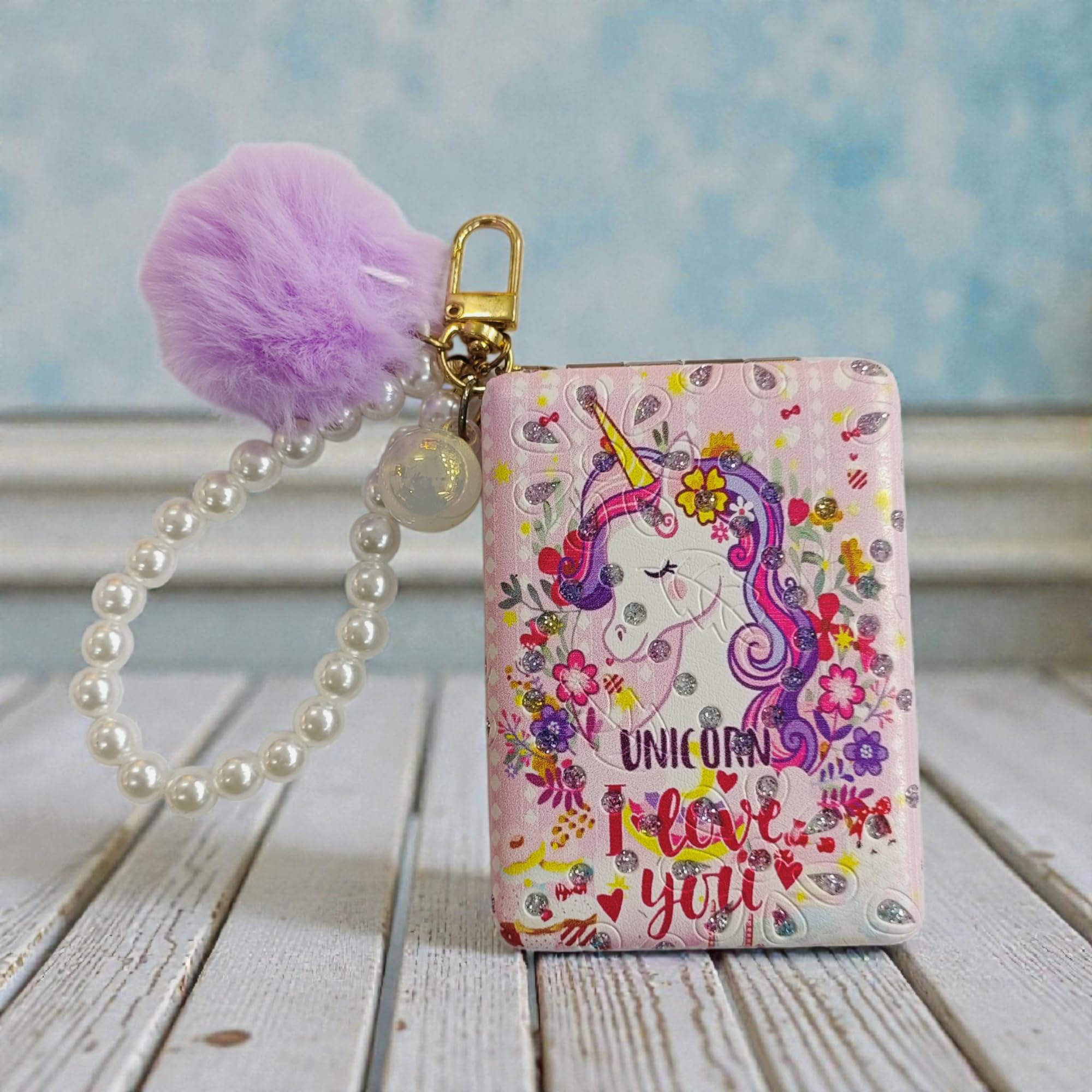 Portable Duble Sided Unicorn Compect Mirror with Keychain (Pink Purple)