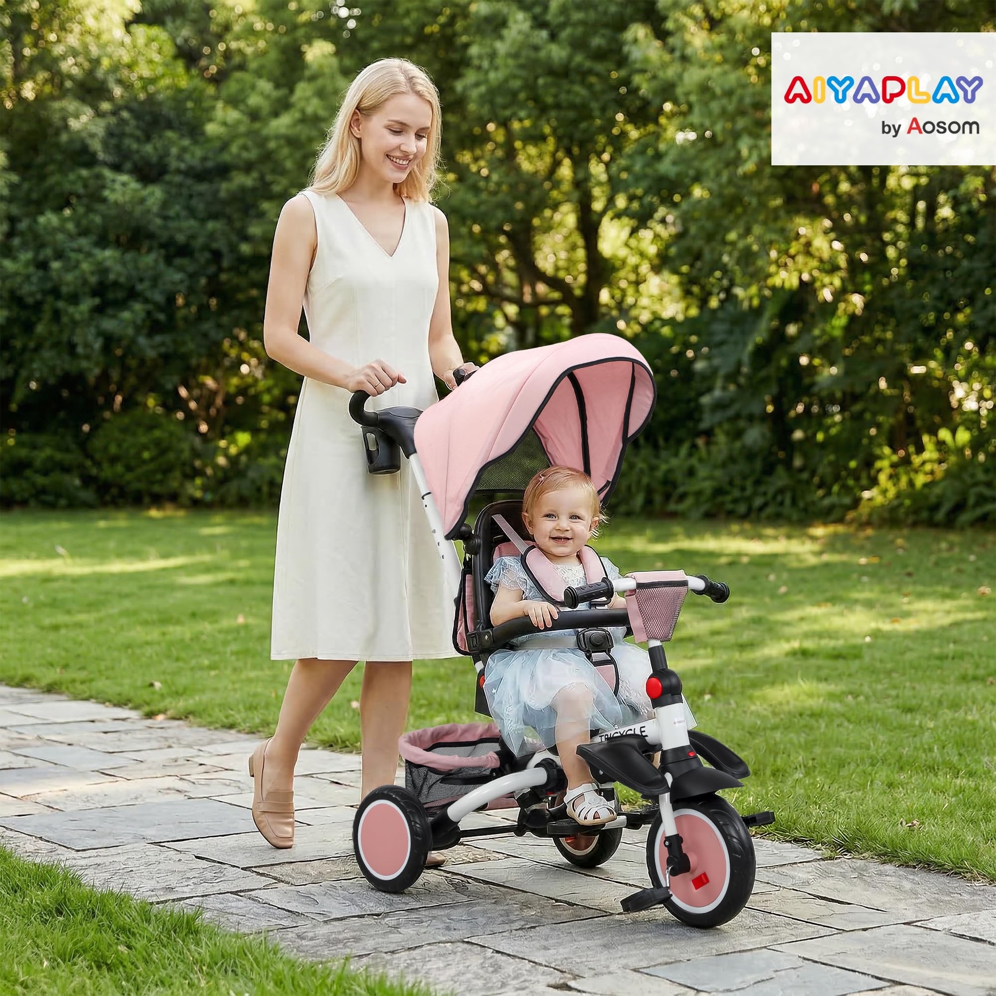 AIYAPLAY Dreirad 6in1 mit Schubstange für 1-5 Jahre Faltbar Kinderdreirad mit drehbarem Sitz, Korb, Tasche, Getränkehalter, klappbar Sonnendach, Sicherheitsgurt Rosa