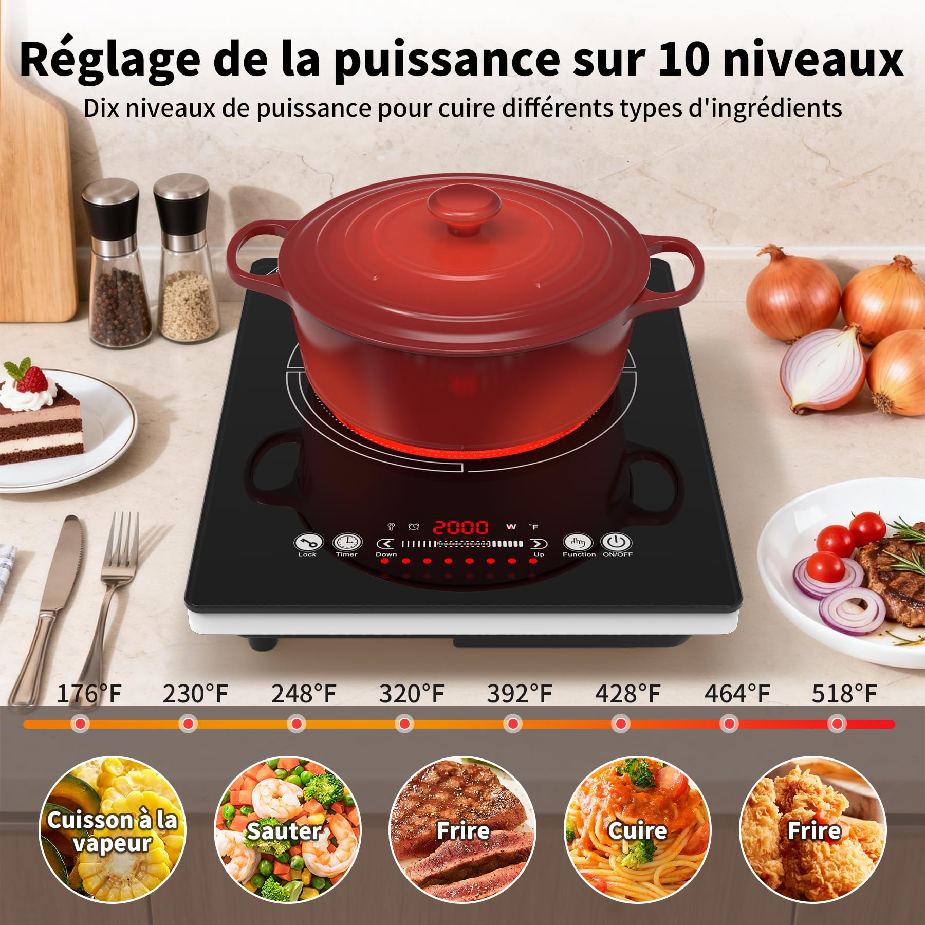 GIHETKUT plaque vitrocéramique 1 feu, 220V 2000W plaque vitrocéramique mit LED-Touch-Steuerung, 10 niveaux de puissance, minuterie 4 heures, verrouillage de sécurité, portable tables de cuisson