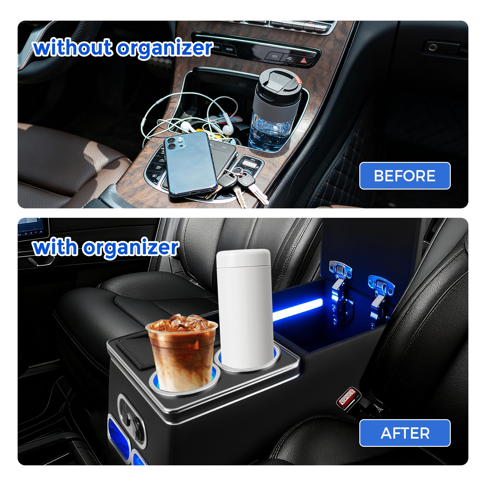 Mittelkonsole mit Ablagen Staufach, Universal Fit Armlehnen Box | Mittelkonsole Auto mit Kabellosem Induktivem Laden, USB und LED-Licht Zubehör, Für Die Meisten Limousinen SUV Pick-up-Truck