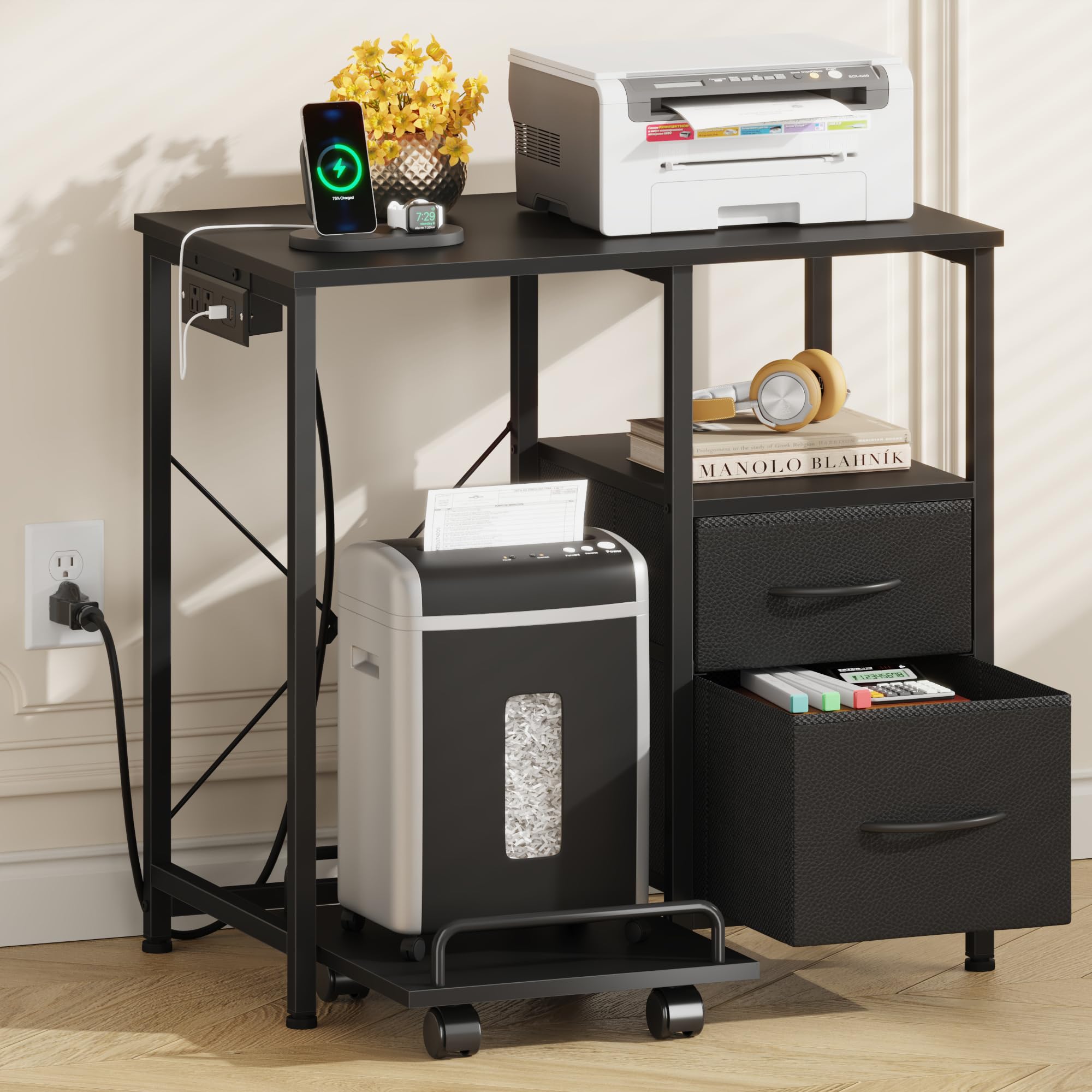 YAOHUOO Printer Stand with Power Outlet/Fabric Drawers, Printer Cabinet with Storage Shelf and Rolling Shredder Stand, Printer Table for Home Office, 23.6"×15.7"
