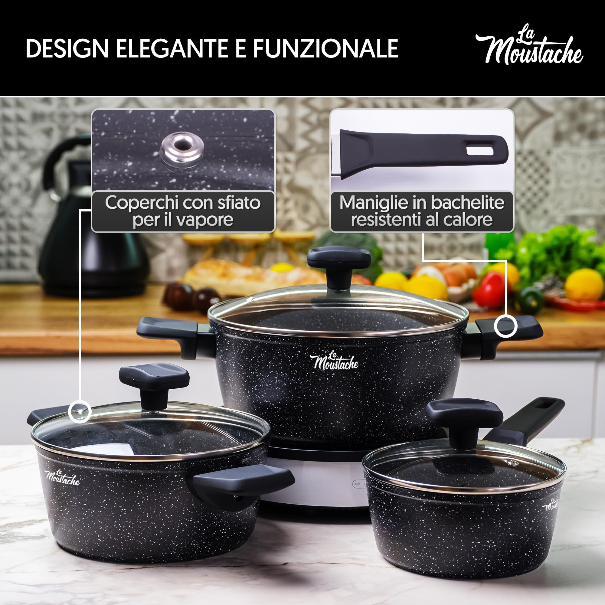 La Moustache - Batteria di Pentole【8 Pezzi】a Induzione in Alluminio con Antiaderente, Set di 3 Casseruole Ø 16/20/24 cm, 3 Coperchi e 2 Padelle Ø 20/24 cm, Manici in Bakelite (Onix)