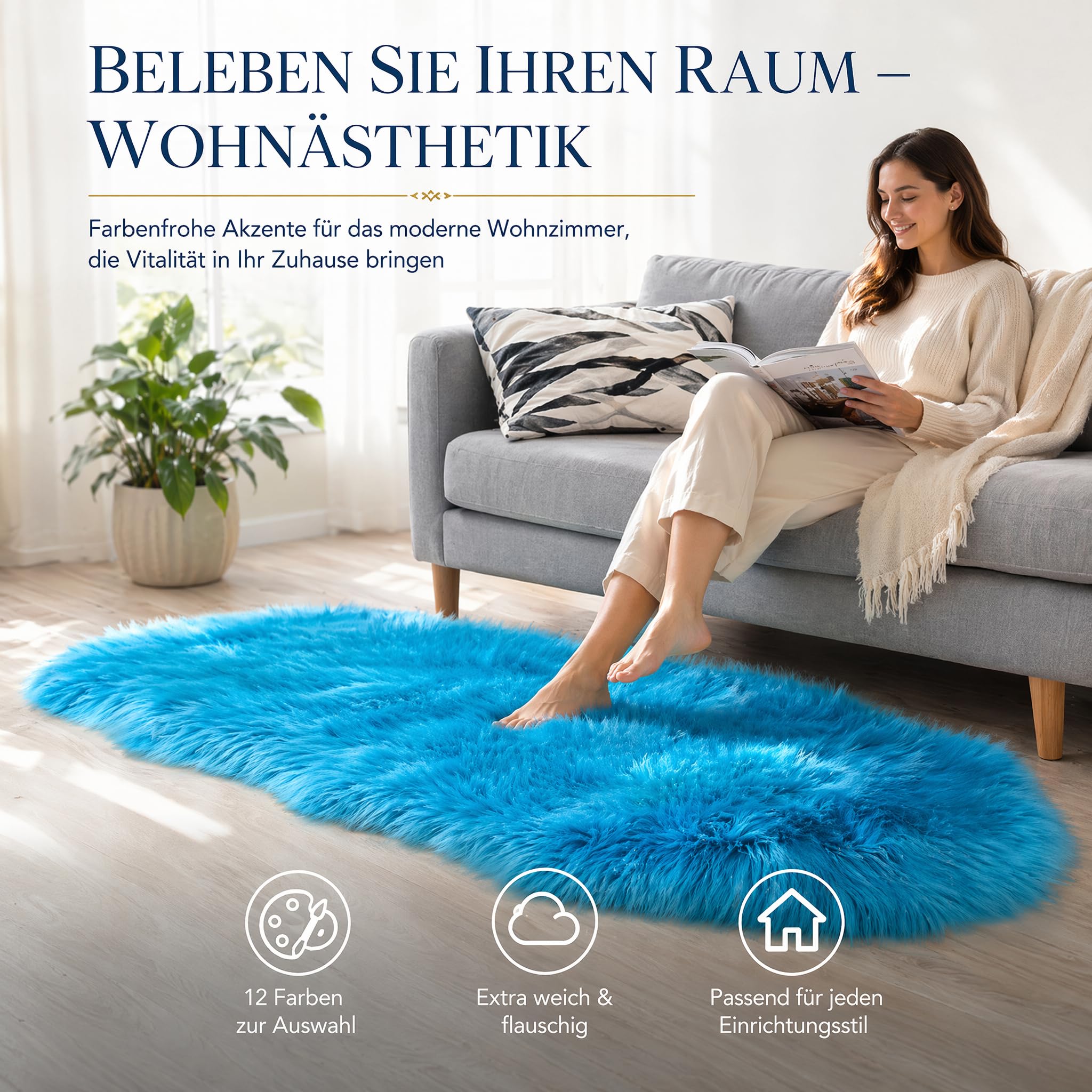 Lammfell Schaffell Teppich Faux Lammfell Schaffell Teppich Fellteppich Kunstfell Weicher Fell Carpet Kunstfell Teppich Longhair Flauschiger Teppich für Bettvorleger Sofa Blau 60x180cm