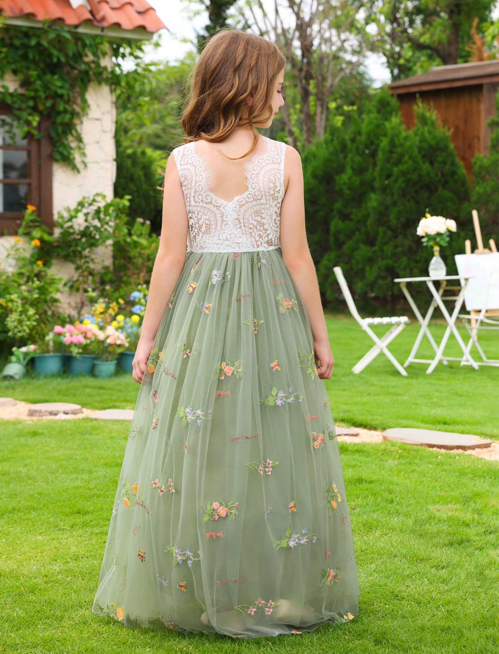 Vestido de encaje elegante sin mangas para niña, con espalda en V, tul, fiesta, maxi vestido para niña, boda, dama de honor, primera comunión, cumpleaños, princesa