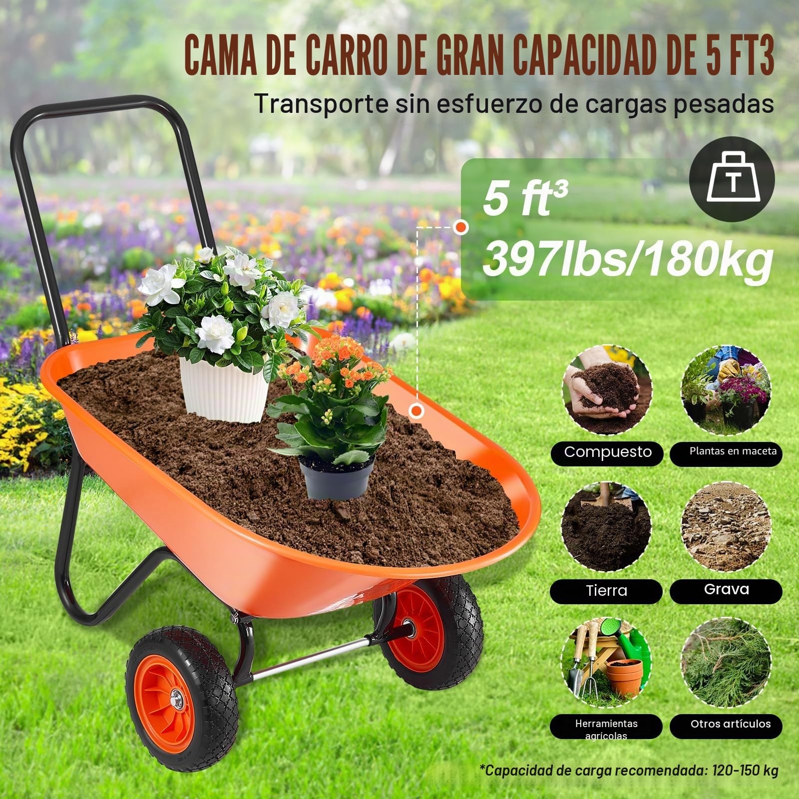 VEVOR Carretilla para Jardín Carga de 180 kg Carro de Descarga con 2 Ruedas de 25,4 cm y Asa Carro Utilitario de Fácil Carga Carrito para Césped al Aire Libre, Patio, Granja, Naranja y Negro
