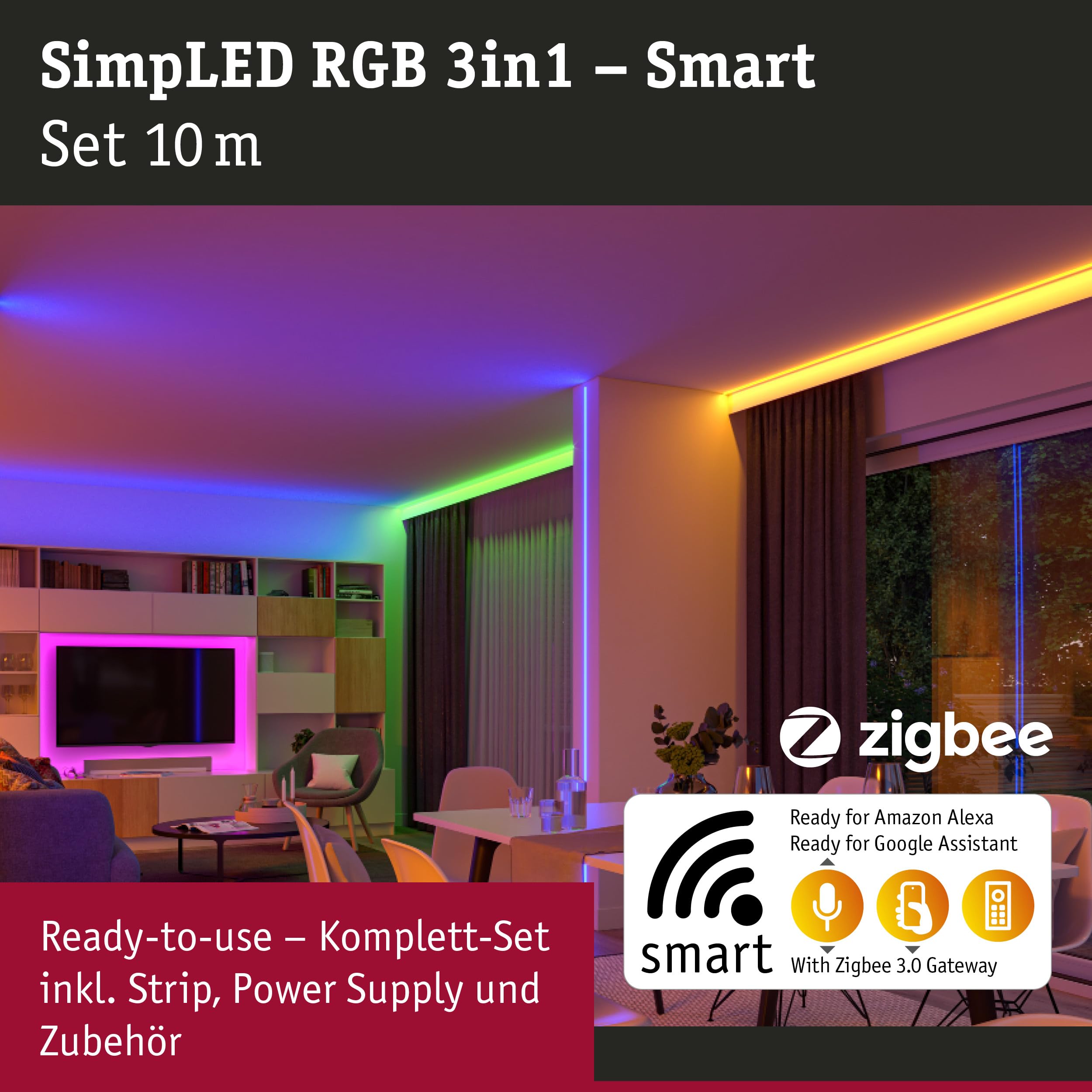 Paulmann 70535 SimpLED LED Strip Smart Home Zigbee RGB Komplettset 10m 26W 900lm 30LEDs/m RGB 36VA Profil für Leuchtstreifen