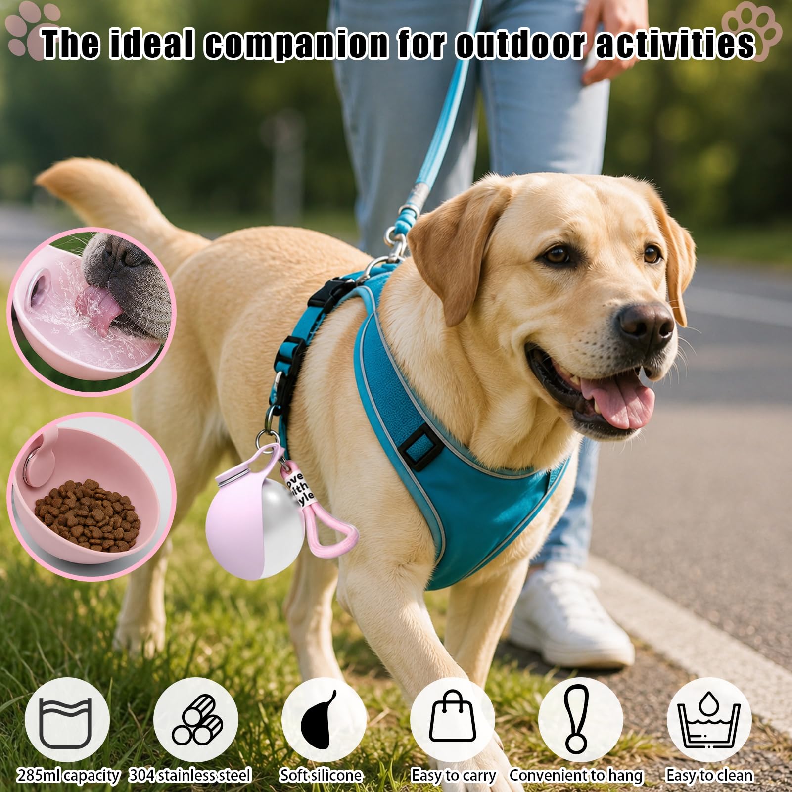Shinybox Botella Portátil para Perros, 285 ml Botella para Perros para Viajes con Cuenco de Silicona, a Prueba de Fugas, para Perros Pequeños, Gatos, Viajes, Camping, Paseos