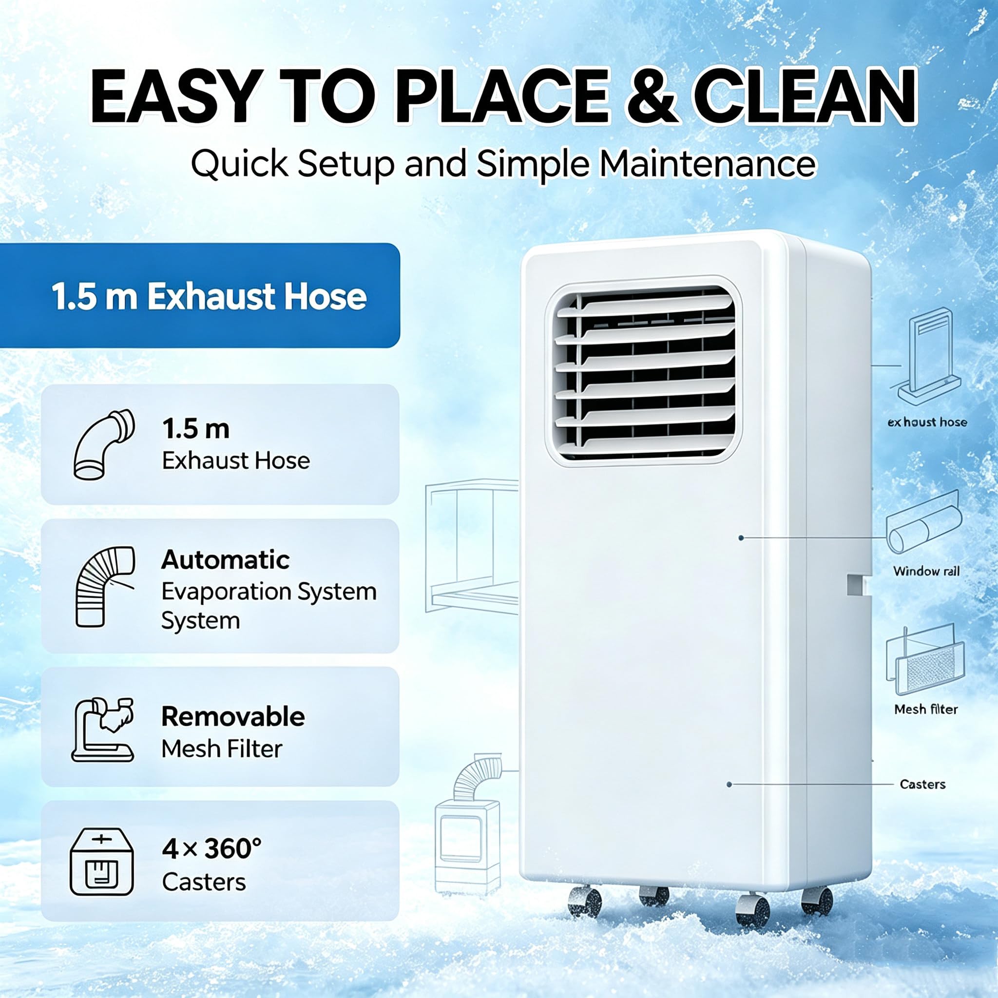 Climatizzatore portatile, 10.000 BTU Unità ad alte prestazioni per ambienti fino a 250 mq, raffreddamento ad alta efficienza energetica, design compatto per soggiorni e uffici