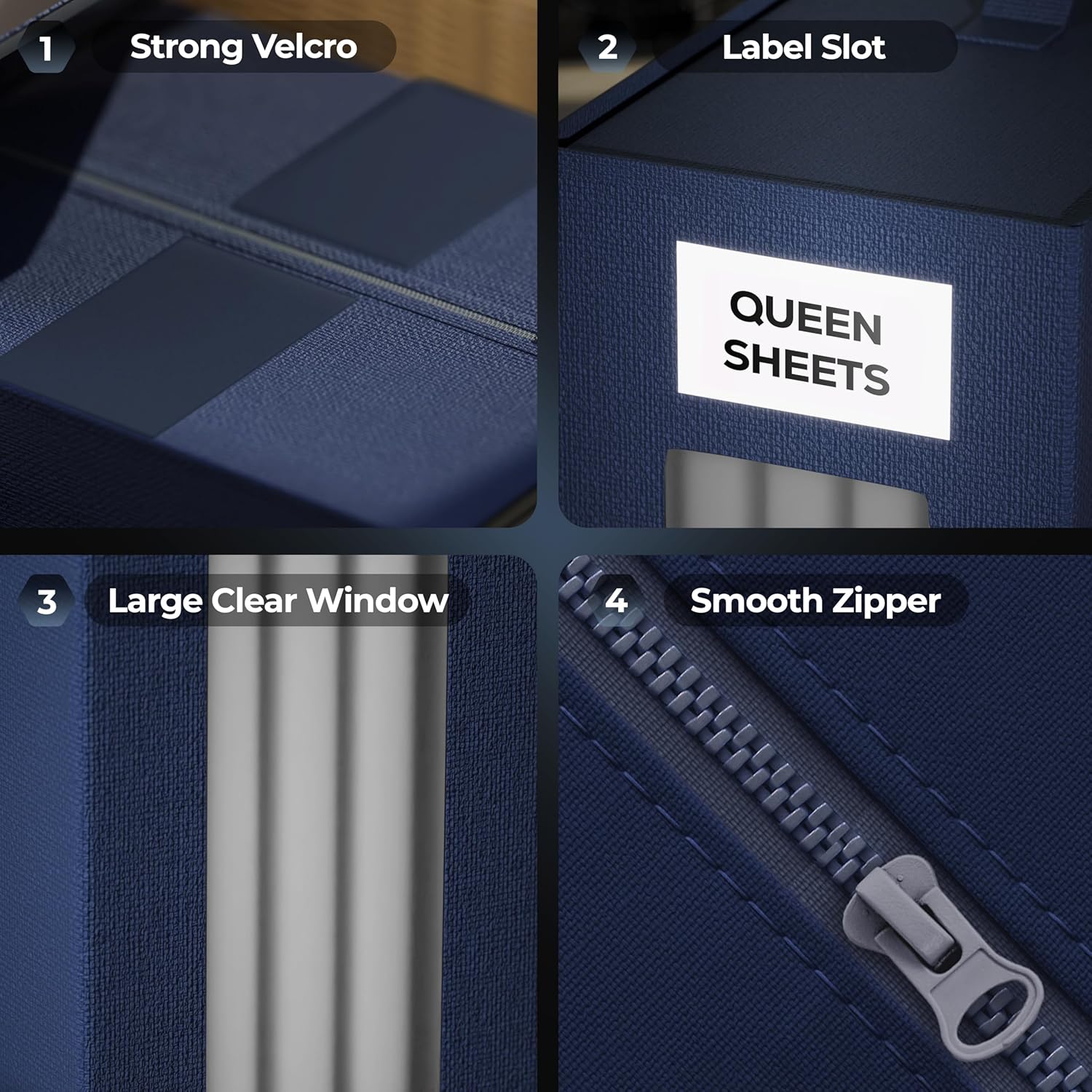 TIMBLE Bed Sheet Organizers & Storage, 10 Pack for King, Queen & Large Sheet Sets, Closet Organizer for Linens, Clothes, Blankets & Bedding, Foldable Fabric Bins with Handle, Name Tag & Window (Navy)