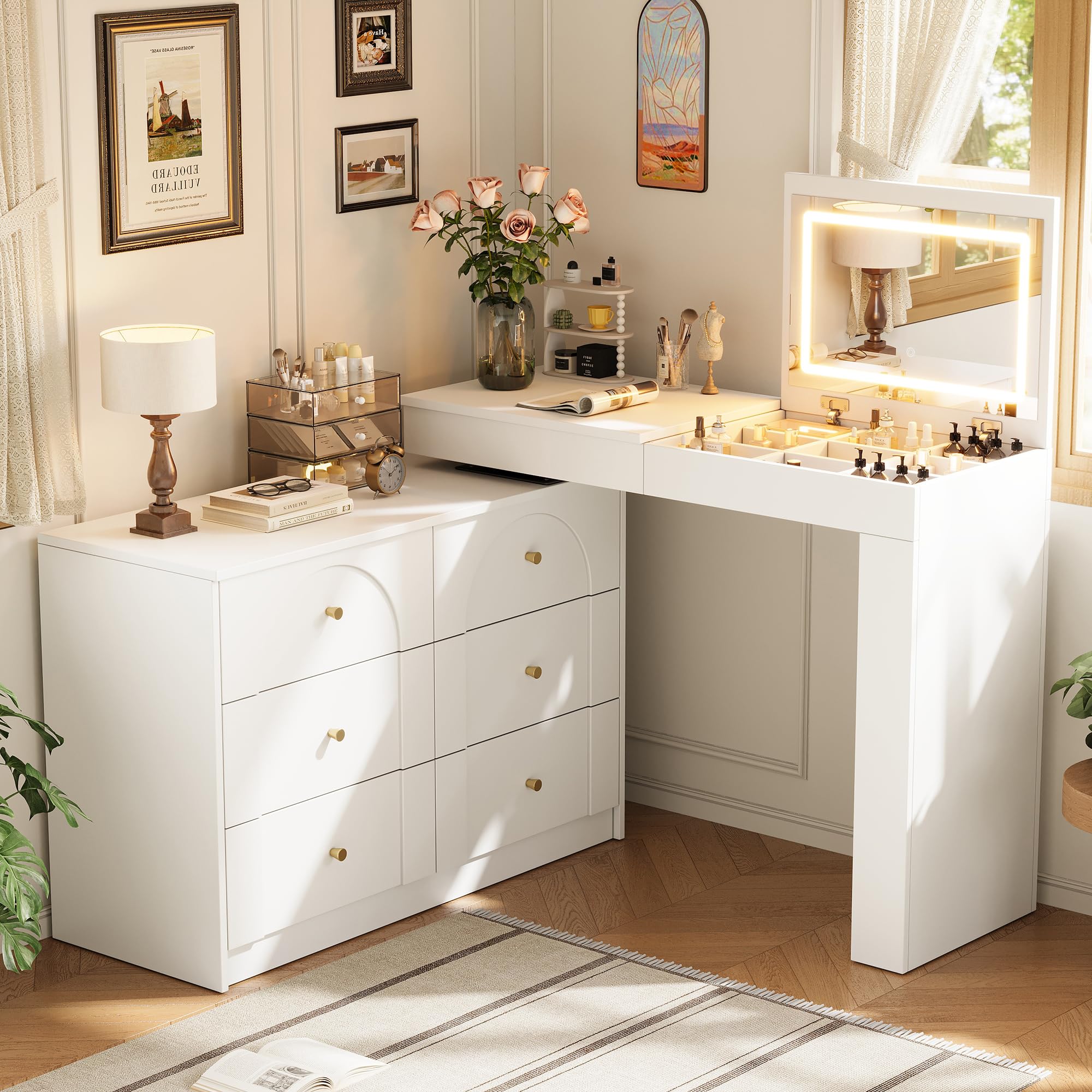 ModernLuxe L Shaped Vanity Desk with LED Flip Top Mirror, 7 Drawer Dressing Table, Adjustable Makeup Desk and Study Table, Space Saving Corner Desk for Bedroom and Home Office, White