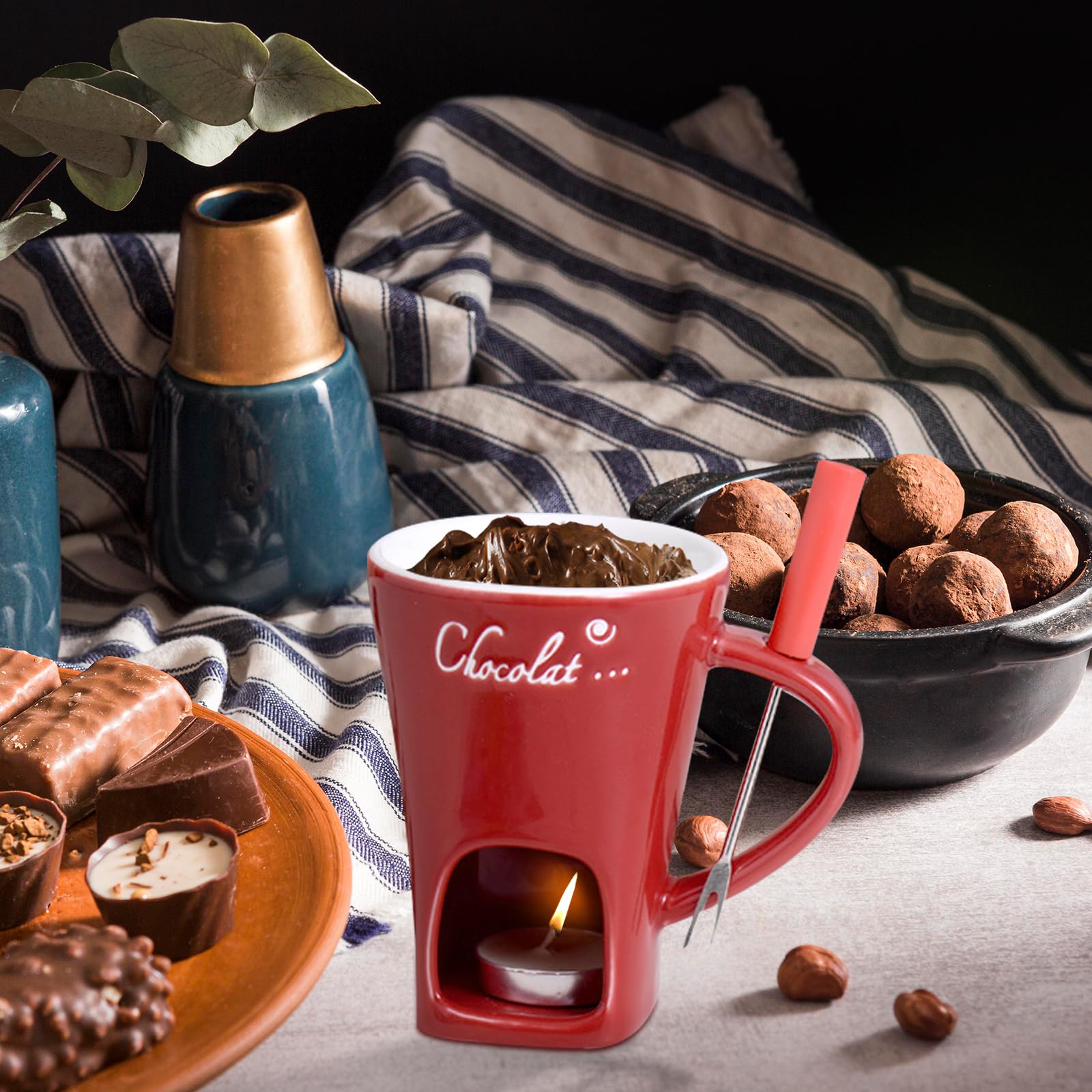 Tasse à Fondue Chocolat Céramique 130ml - Avec Fourchette, Pour Faire Fondre Fromage, Beurre, Caramel, Idéal Cadeau