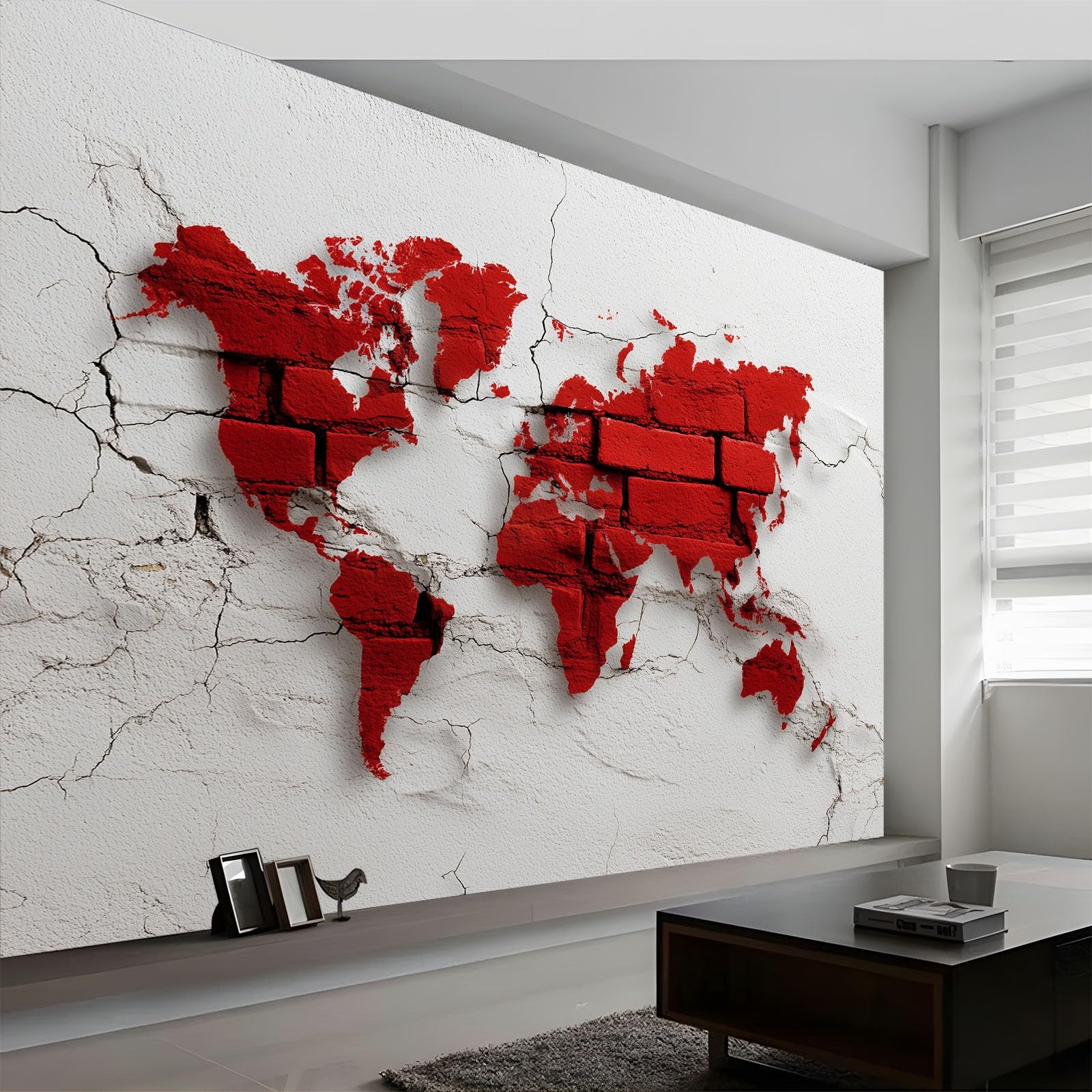 250 x 175 cm, fototapeta z flizeliny, efekt 3D, mur z cegły, mapa świata, fototapety do salonu, sypialni, tapeta ścienna, jasny kolor
