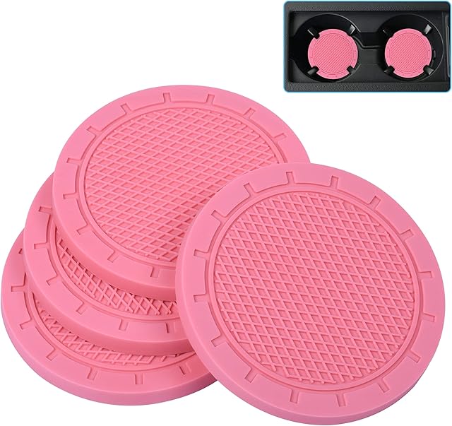 Car Coasters, Wisdompro 4 Pack PVC Car Cup Holder Insert Coaster - Anti Slip Universal Vehicle Interior Accessories Cup Mats for Women(2.75" Diameter, Pink)
