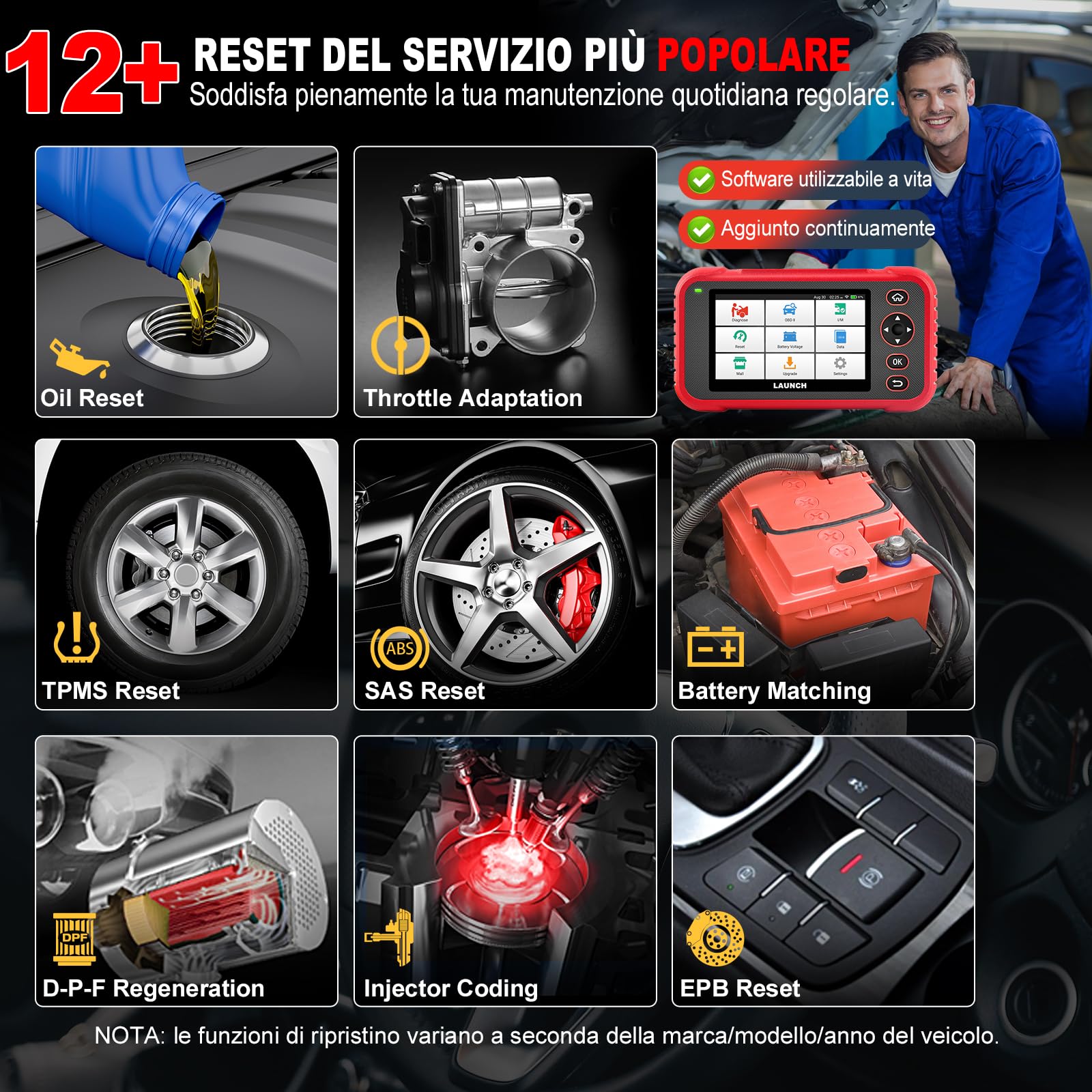 LAUNCH CRP129E Plus V3.0 OBD2 Auto Diagnostica Tutti gli Scanner Sistema con 12+ Reset, ABS/Iniettore/Olio/Valvola A Farfalla/EPB/DPF/SAS/TPMS/Bilanciamento Batteria, Aggiornamenti WiFi a vita
