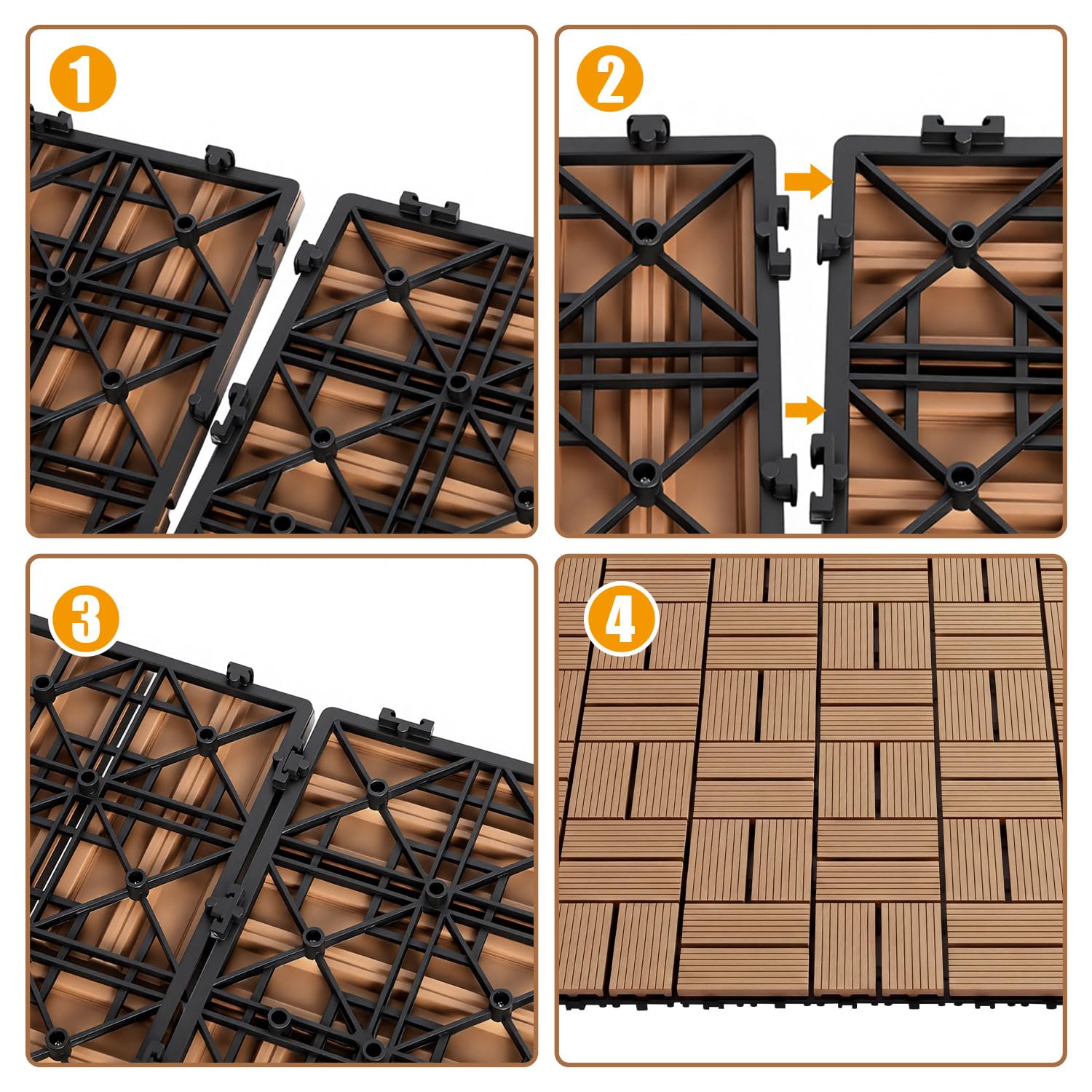 Piastrelle in WPC per terrazza, teak, 30 x 30 cm, 66 pezzi per 6 m² | Piastrelle a scatto effetto legno, facili da pulire per balconi, terrazze e giardini