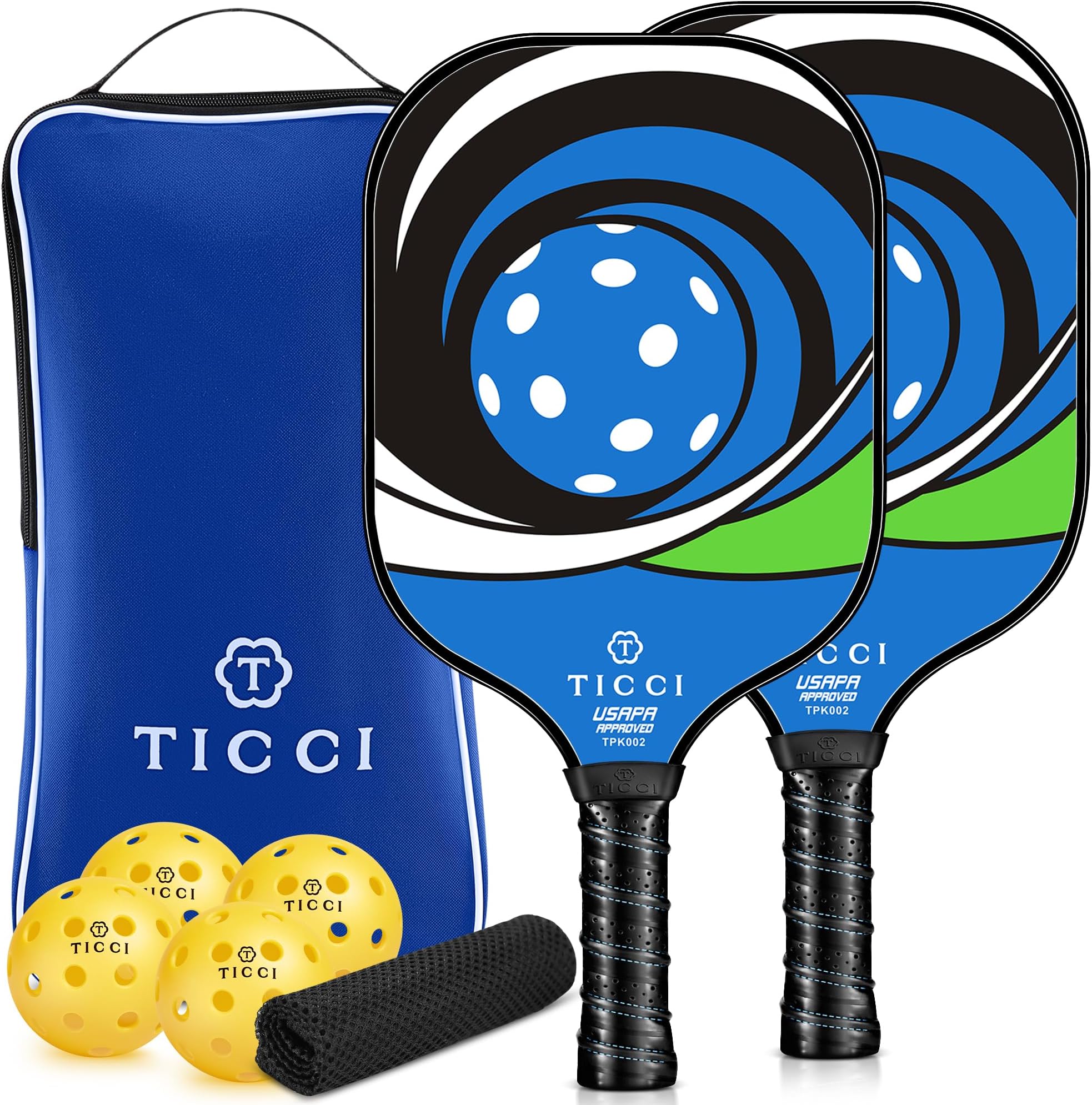TICCI Pickleball Paddles, USAPA Approved Pickleball Paddles Set of 2, Lightweight Fiberglass Surface Pickleball Set, 4 Pickleballs, 1 Carry Bag & Mesh Bag, Pickle Ball Paddle Gifts for Men Women