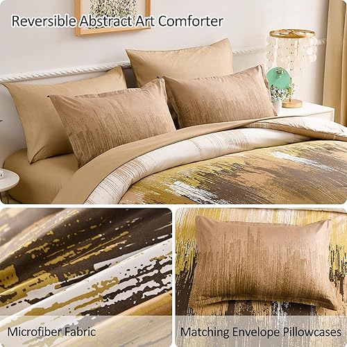 Miniatura 4 de WONGS BEDDING Juego de edredón marrón King, 7 piezas de cama en una bolsa, edredón de arte abstracto colorido con degradado, ropa de cama de