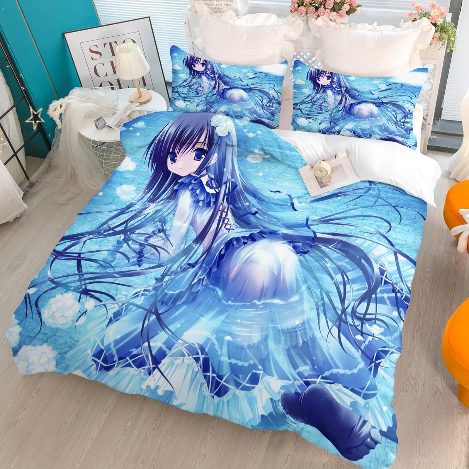 Qiqumax Anime Bed Linen 135 x 200 cm, Anime Girls Bedding Set for Children Girls, Japan Manga Girls Duvet Cover Set, Soft Microfibre with Pillowcases (6.200 x 200 cm, 50 x 75 x 2)