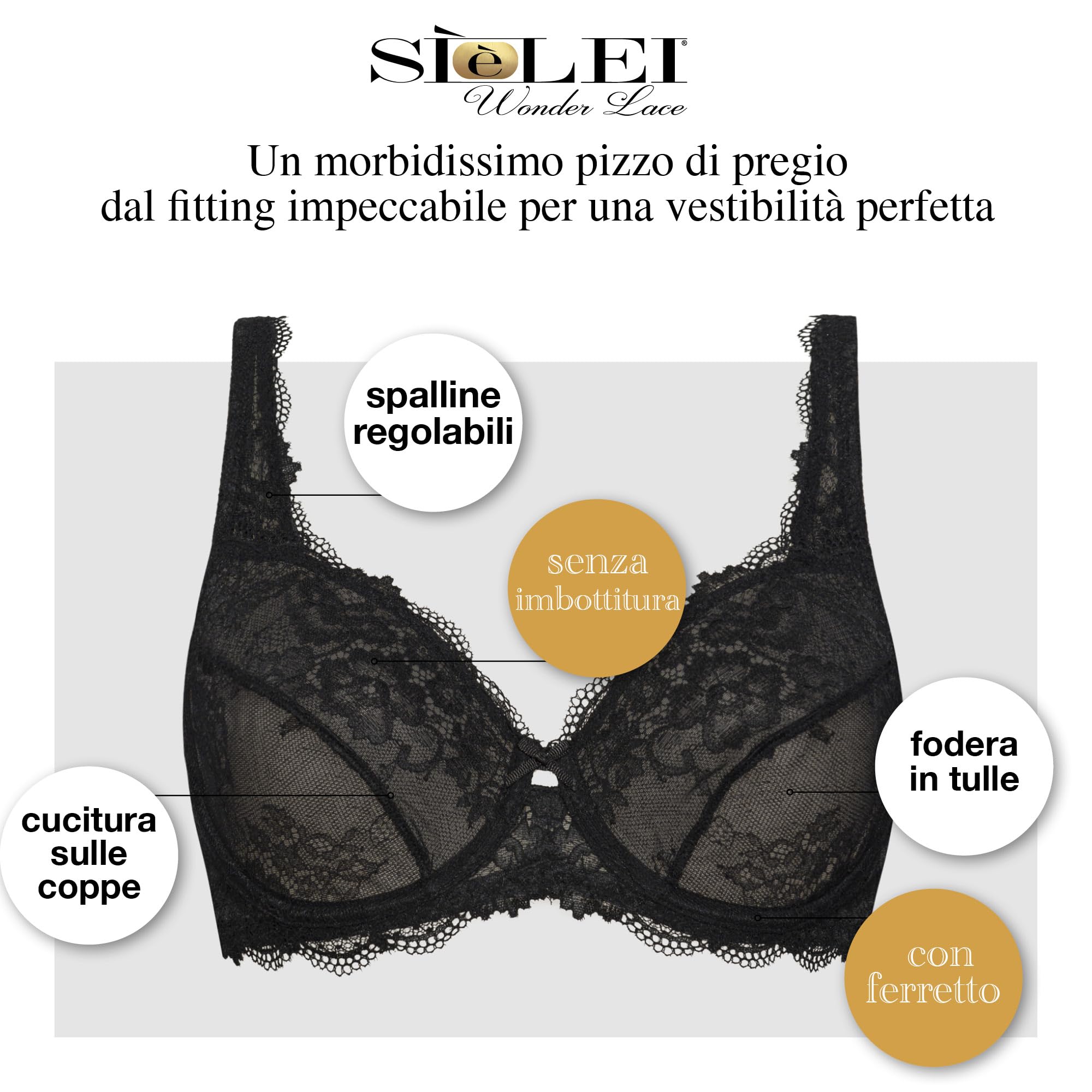SÌèLEI, Reggiseno Francese con Ferretto, Realizzato in Morbido Pizzo, Tante Taglie Disponibili, Spalline Regolabili e Regolatore della Schiena in Regalo, Designed in Italy