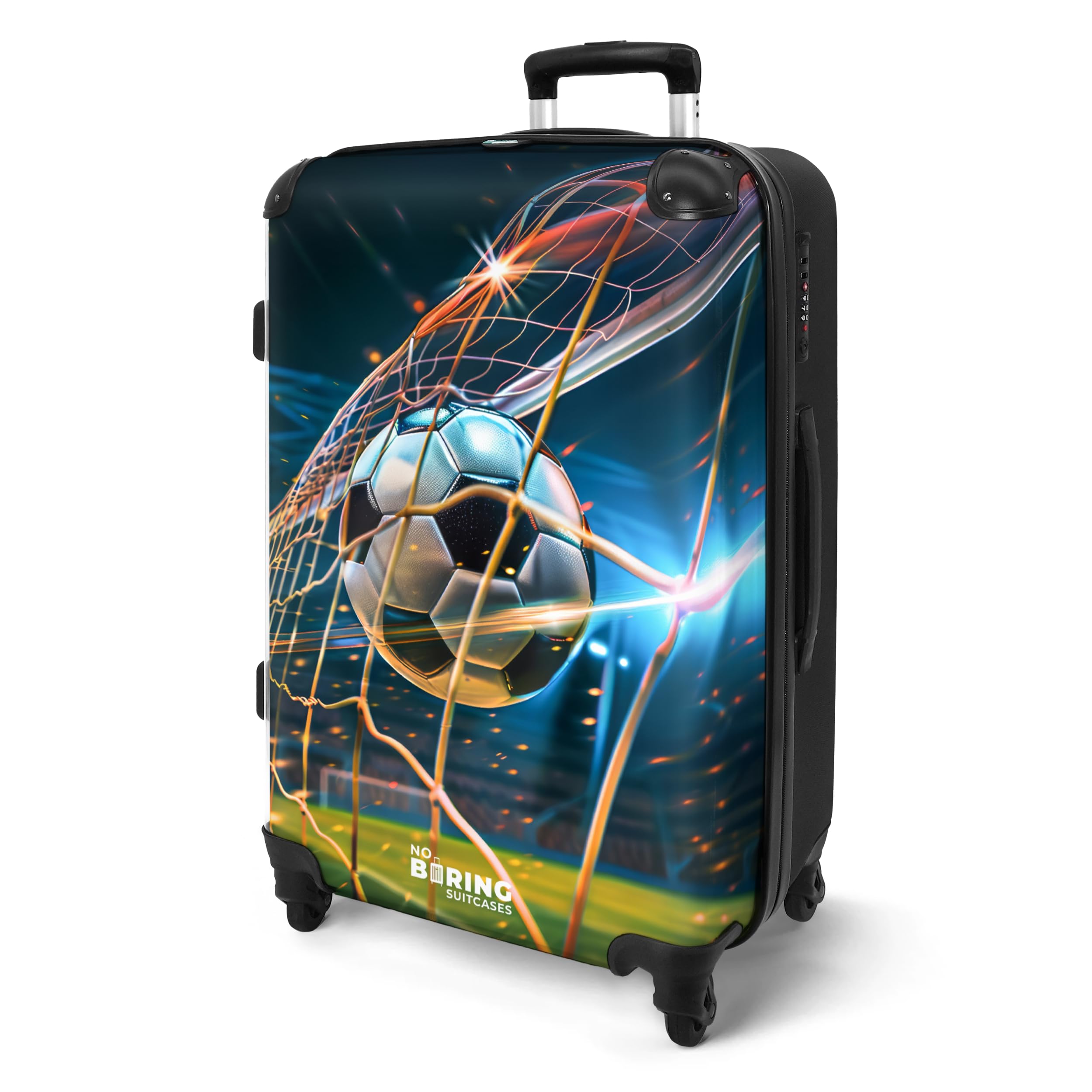 NoBoringSuitcases.com Maleta Infantil Niño Con Ruedas, Mediana, TSA, De Viaje Grande 23 Kilos (67 cm - 72 L), (Fútbol - Azul Oscuro)