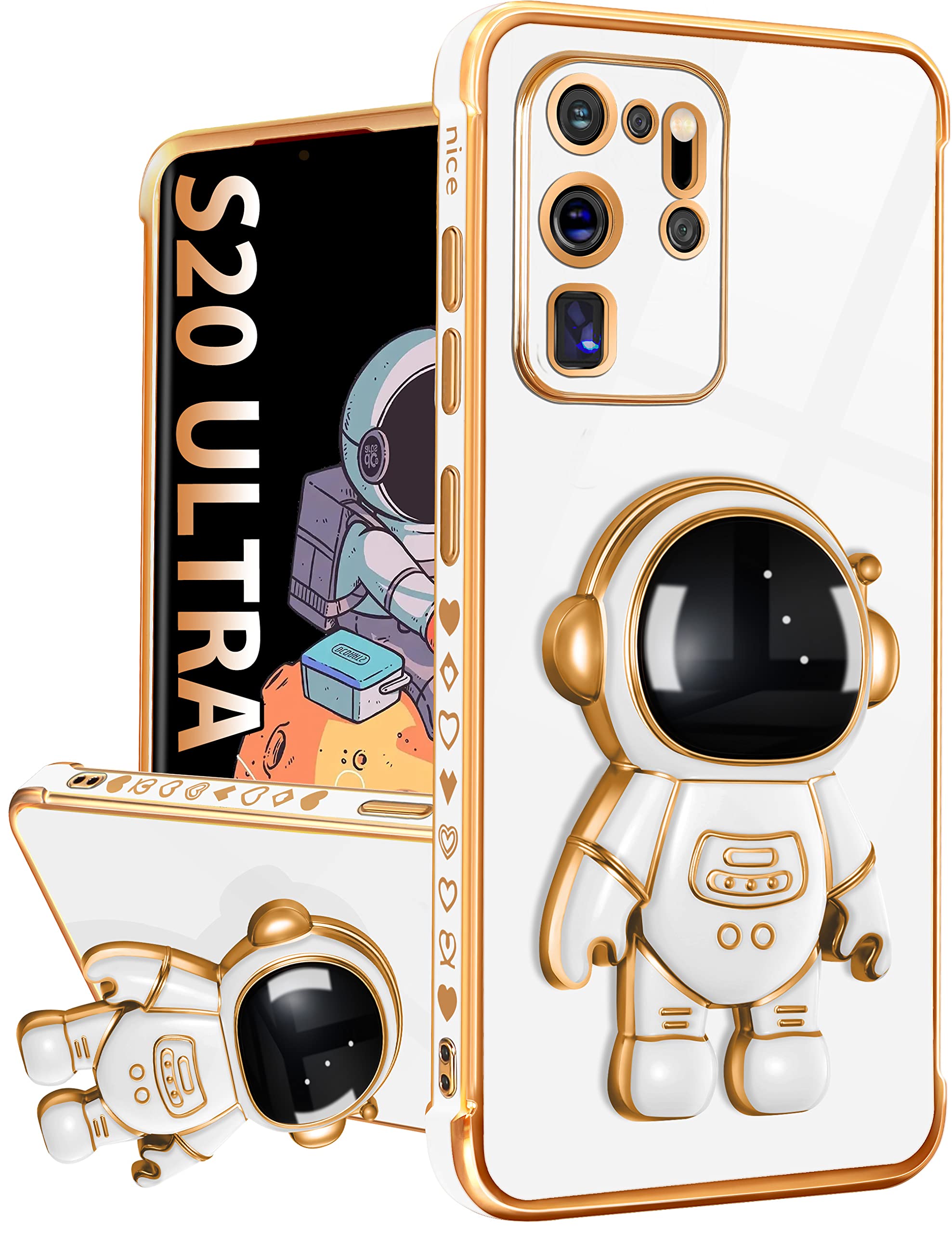 Buleensfor Samsung Galaxy S20 Ultra Case with Astronaut Stand, Women Girls Galaxy S20 Ultra Cases, Girly Cute 6D Outer Space Heart Pattern Phone Cover for S20 Ultra 6.9 Inch White