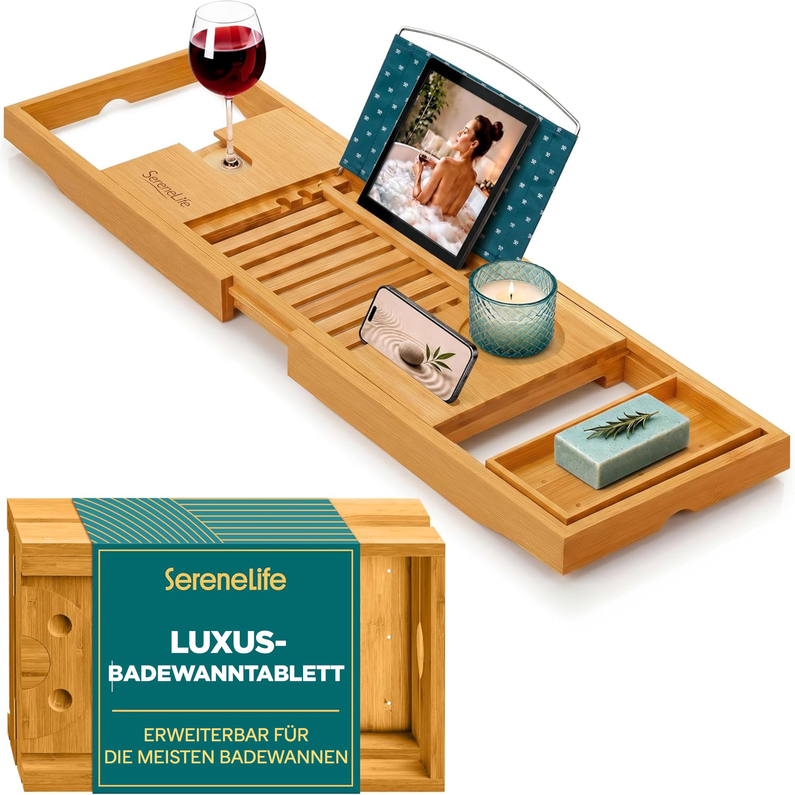 SereneLife Badewannenablage Bambus Natur, ausziehbar mit Weinglashalter | Badewannenbrett Holz, 70–104 cm verstellbar, Tablethalter, Seifenablage, schimmelresistent, Geschenkbox