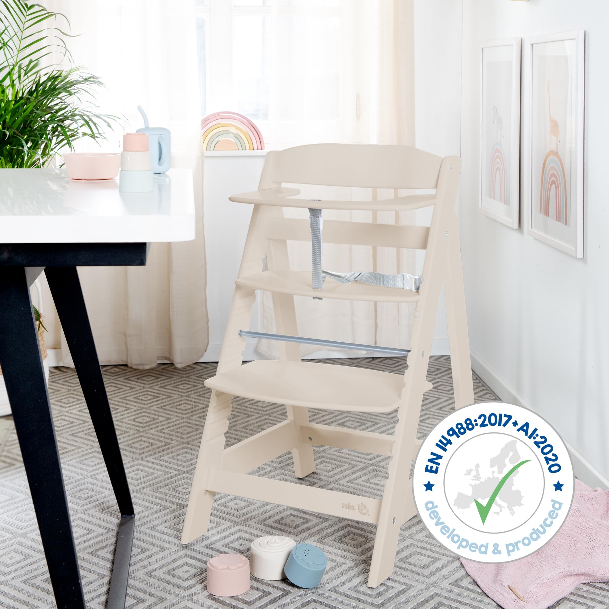 roba Seggiolone Pappa per Bambini e Neonati Sit Up Flex - Evolutivo - dalla Nascita fino alla Fanciullezza - Robusto ed Ergonomico - Legno Laccato - Beige/Cashmere