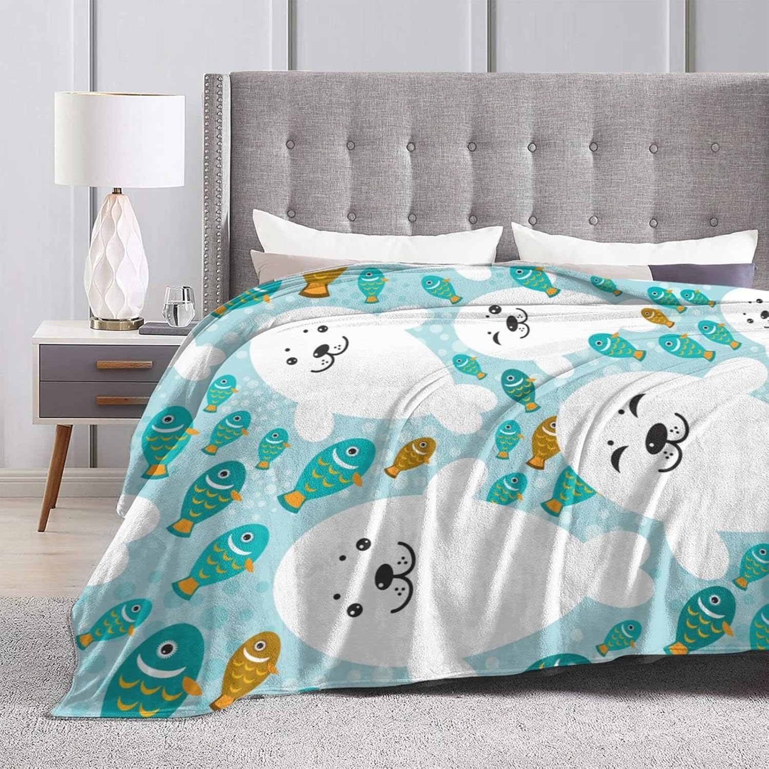 ブランケット 毛布 フランネル ひざ掛け海 アザラシ 魚 海洋生物 キュート 暖かい 柔らか 布団 薄手 軽量 車 中泊 オフィス用