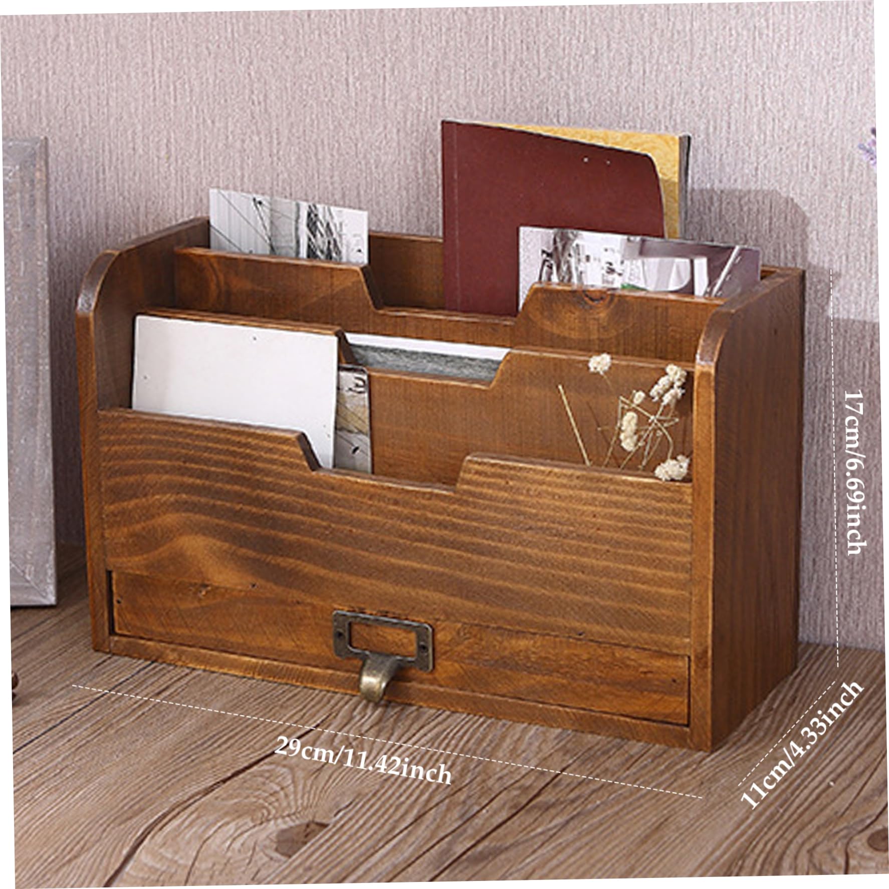 Portalettere, portalettere in legno a 3 scomparti con cassetto, organizer da scrivania marrone retrò per cartelle, posta, buste.