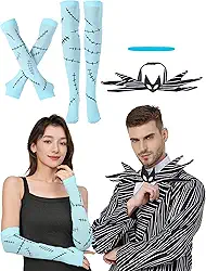 Fantasias de Halloween para casais acessórios incluem meias azuis claras costuradas para cicatrizes até a coxa, pintura de rosto azul, gola V, gravata borboleta para festa de cosplay de Halloween